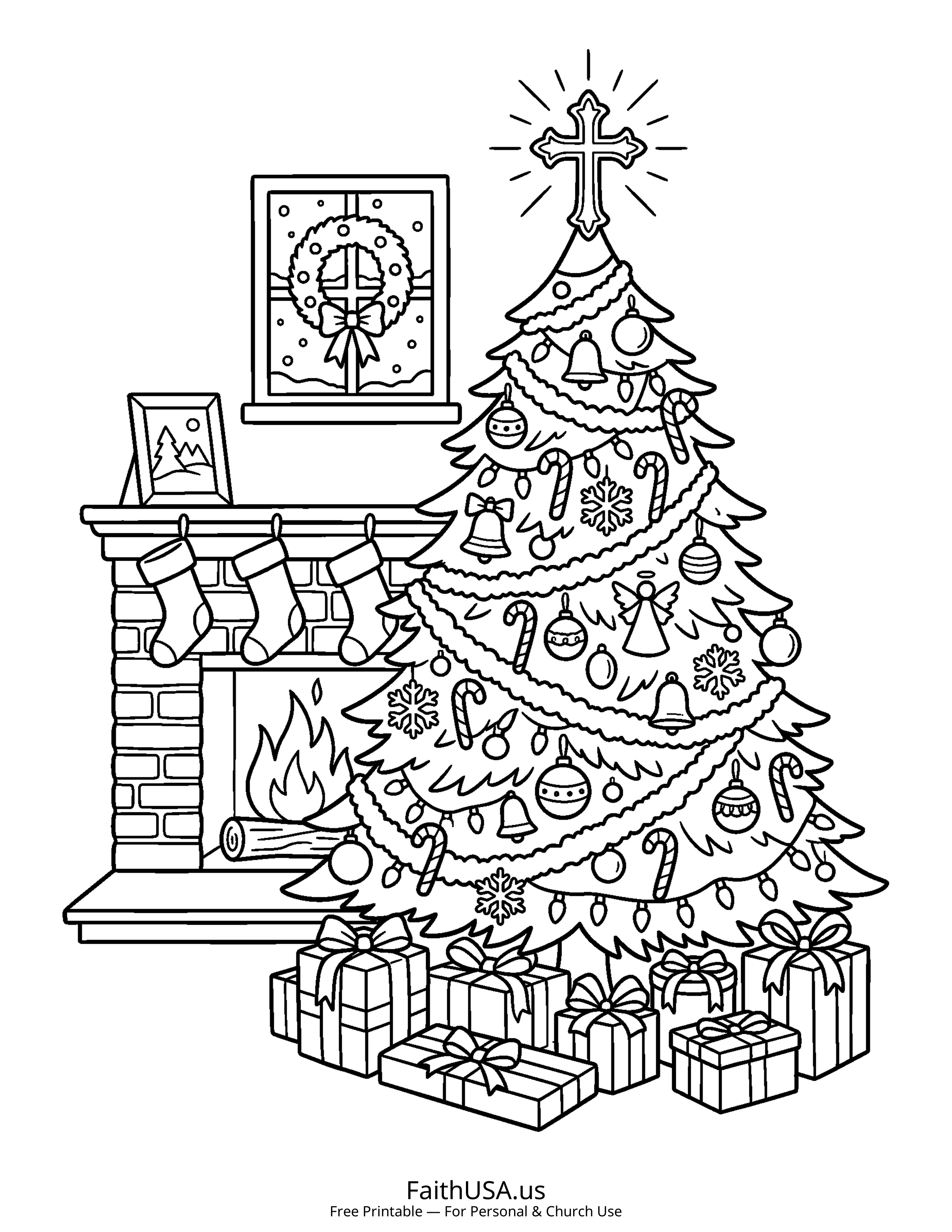 Christmas coloring page featuring Christmas Tree in simple black-and-white line art