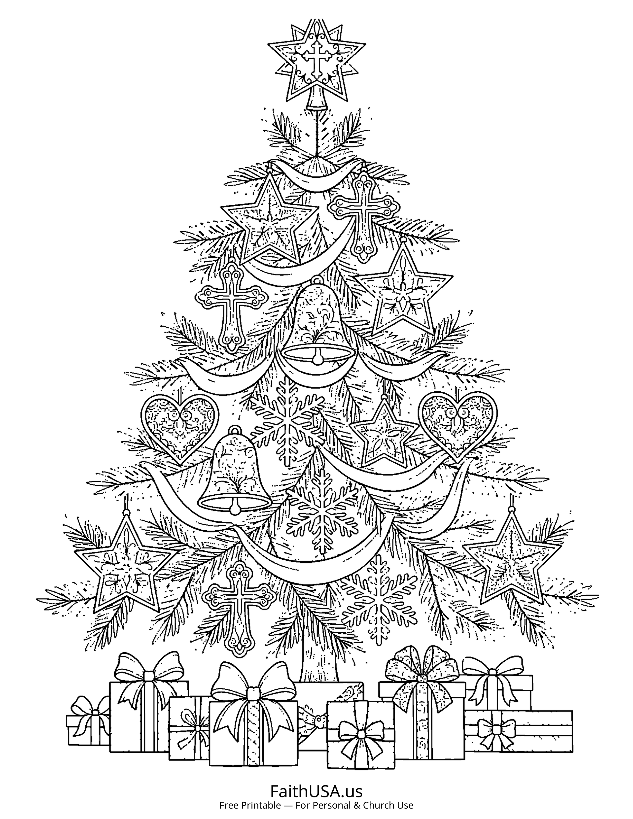 Christmas coloring page featuring Christmas Tree in detailed black-and-white line art