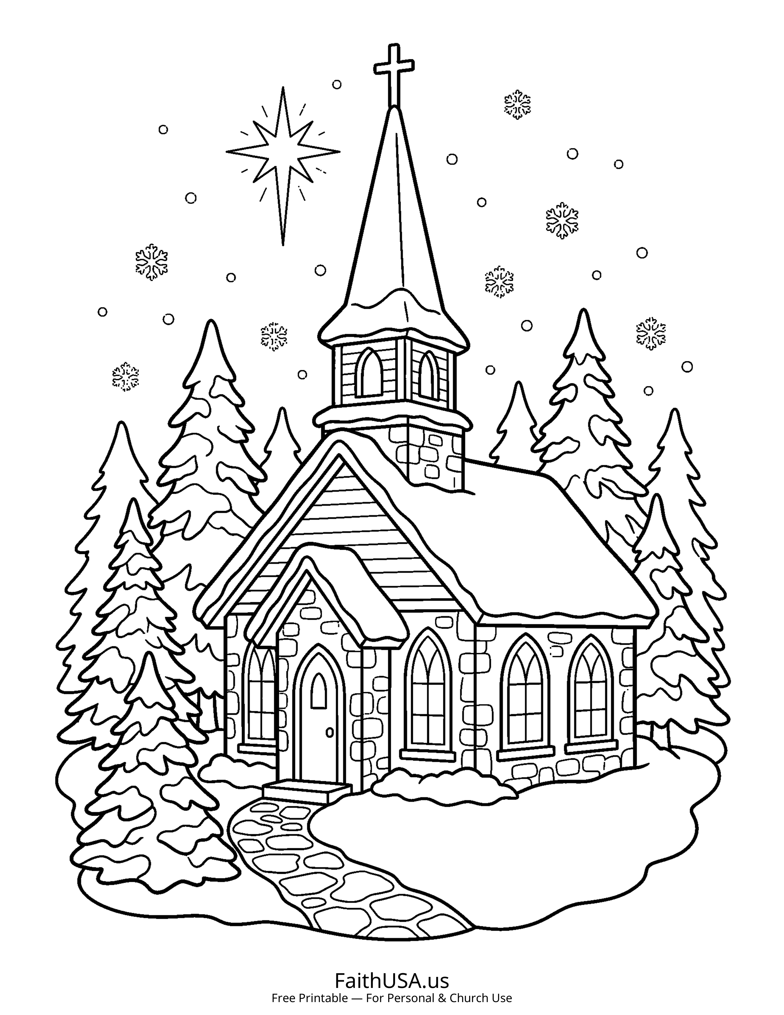 Christmas coloring page featuring Church in Snow in simple black-and-white line art