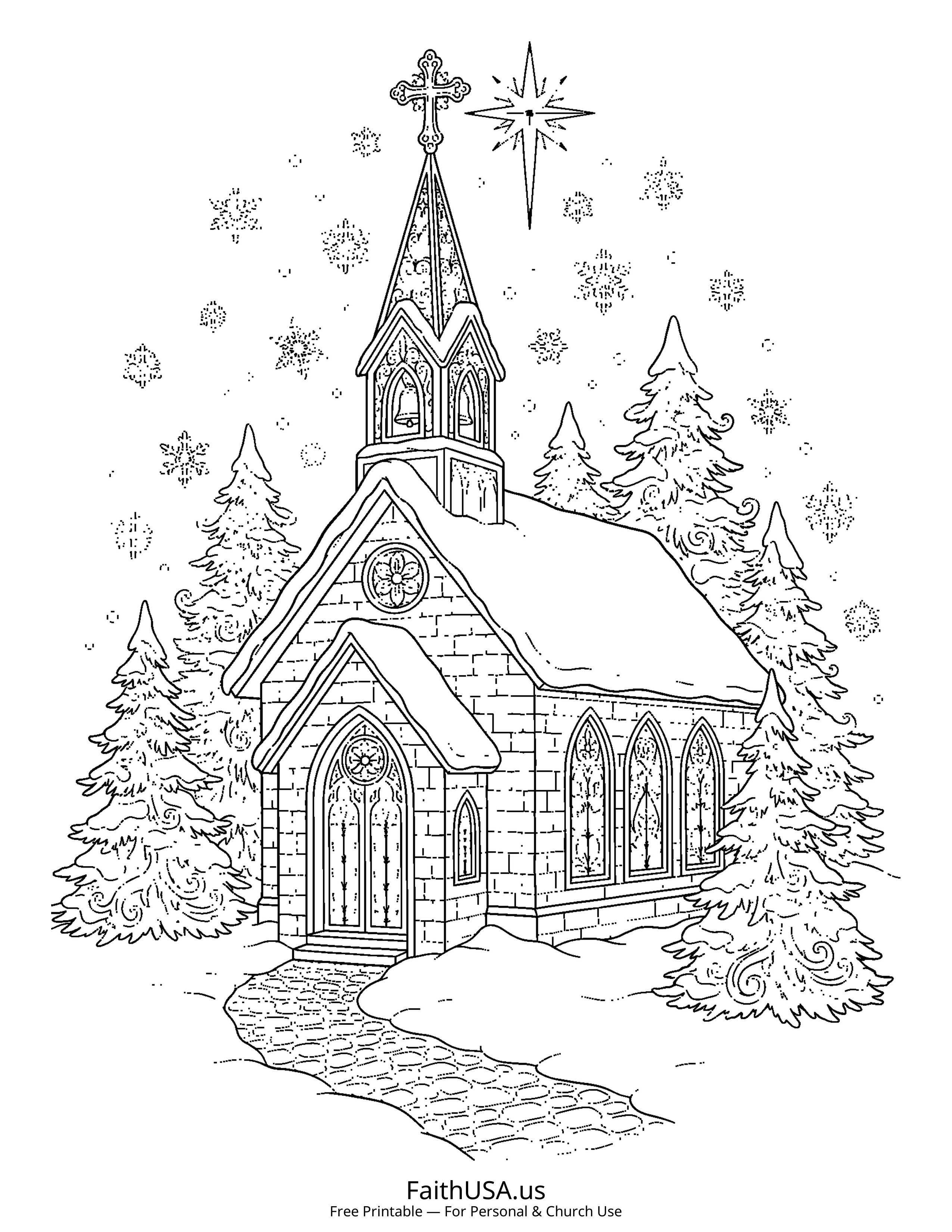 Christmas coloring page featuring Church in Snow in detailed black-and-white line art