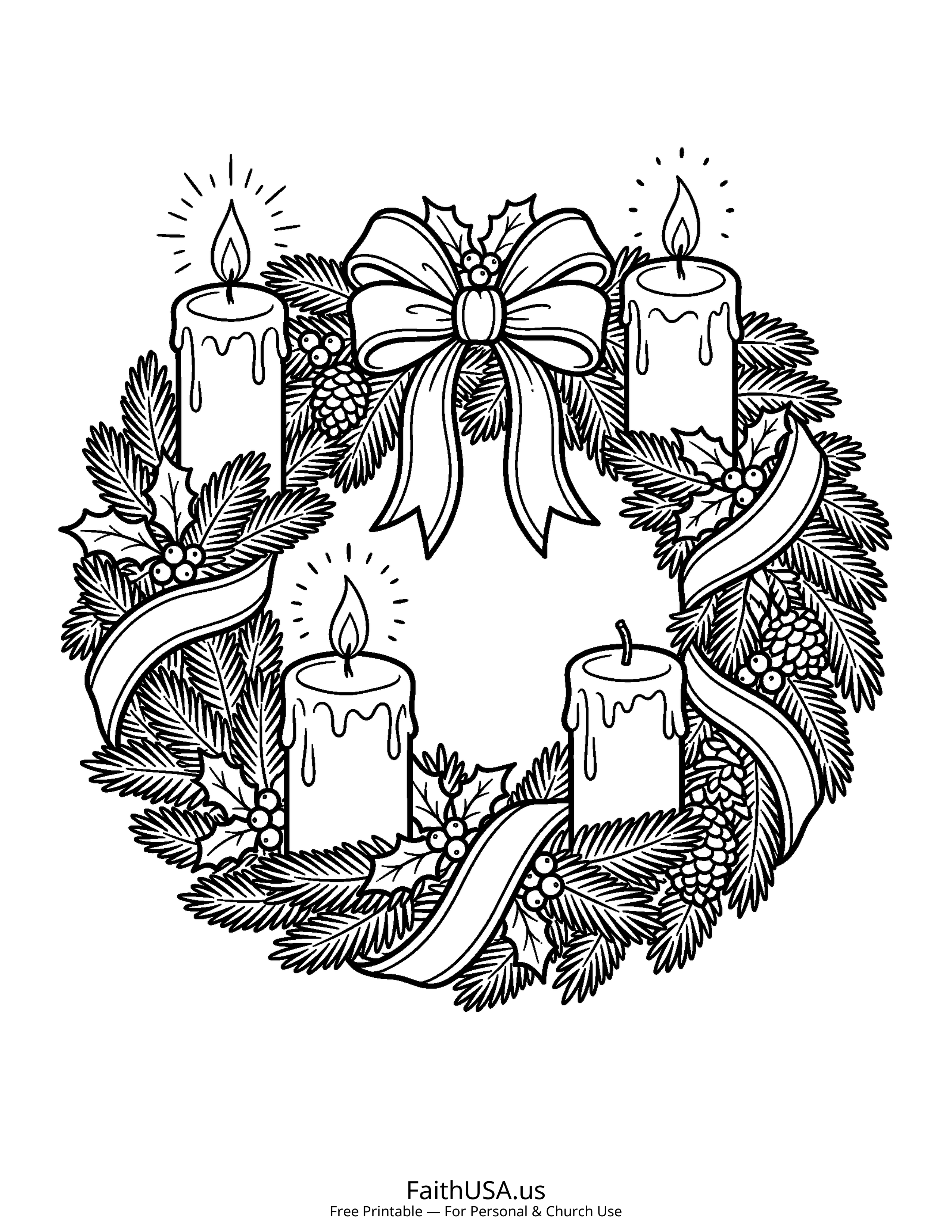 Christmas coloring page featuring Advent Wreath in simple black-and-white line art