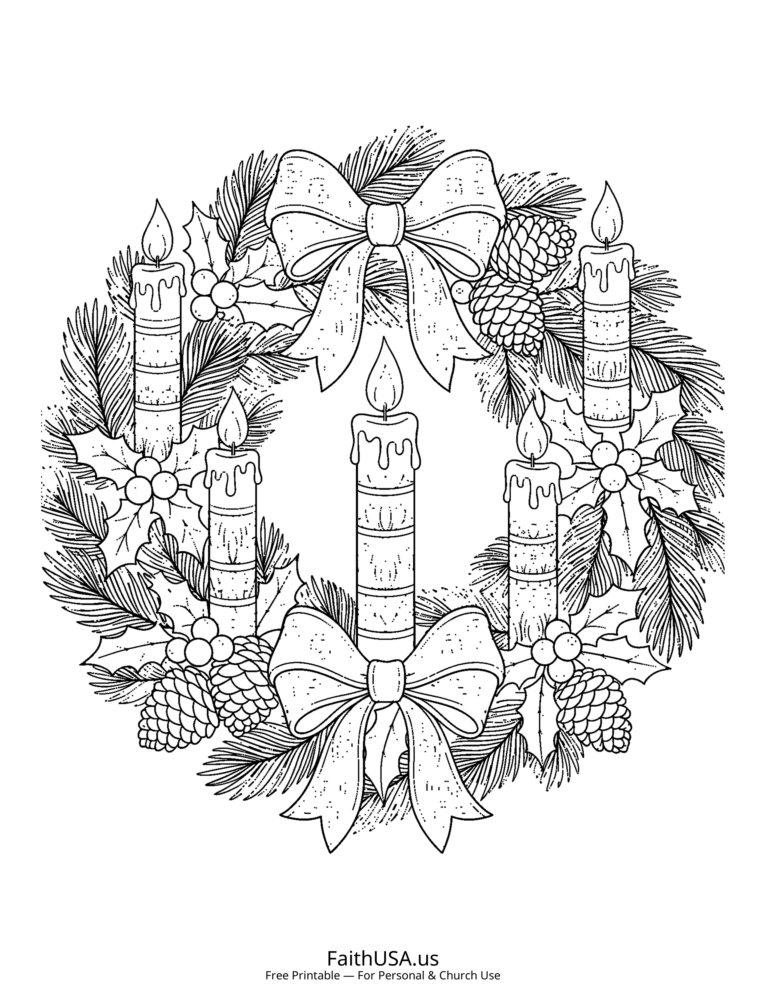 Christmas coloring page featuring Advent Wreath in detailed black-and-white line art