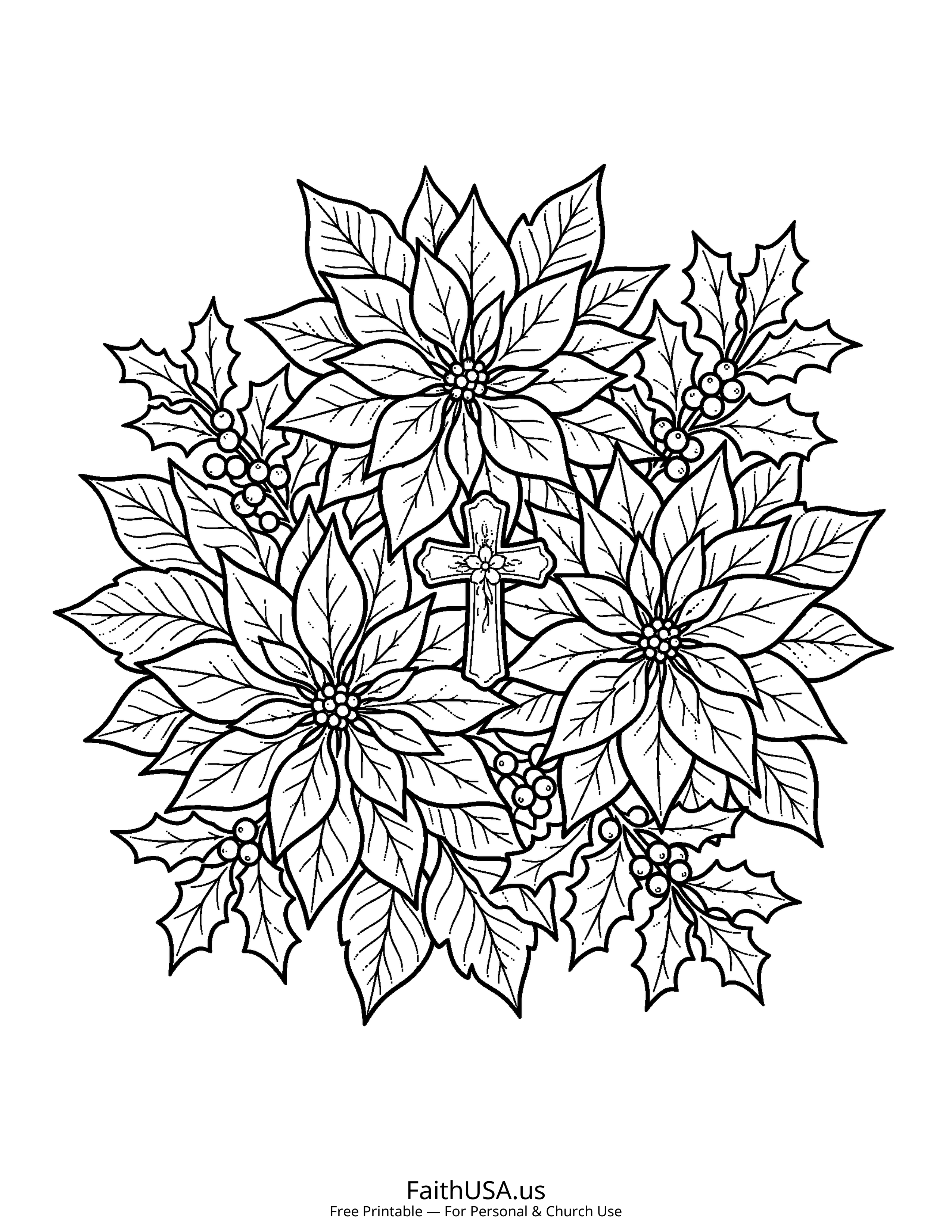 Christmas coloring page featuring Poinsettia in simple black-and-white line art