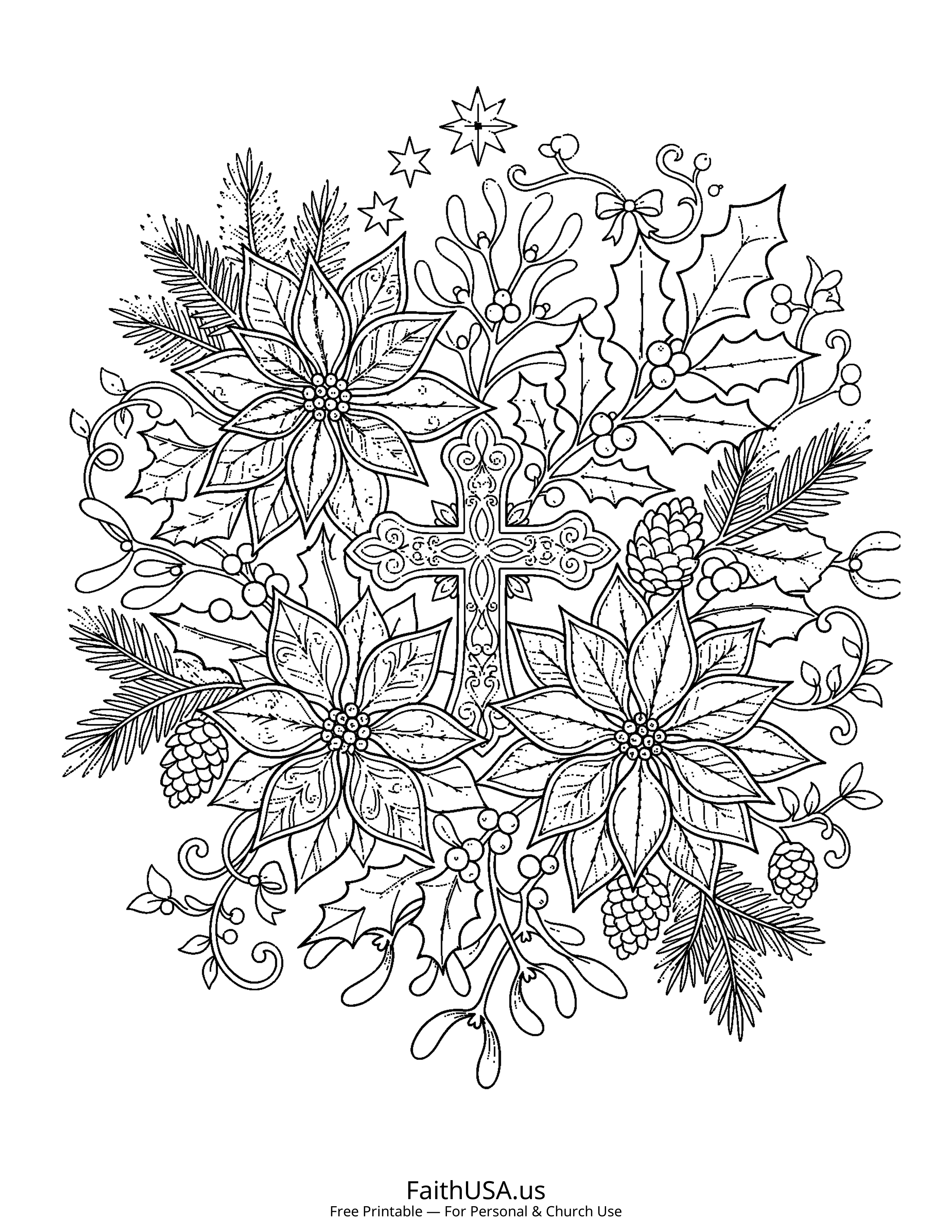 Christmas coloring page featuring Poinsettia in detailed black-and-white line art