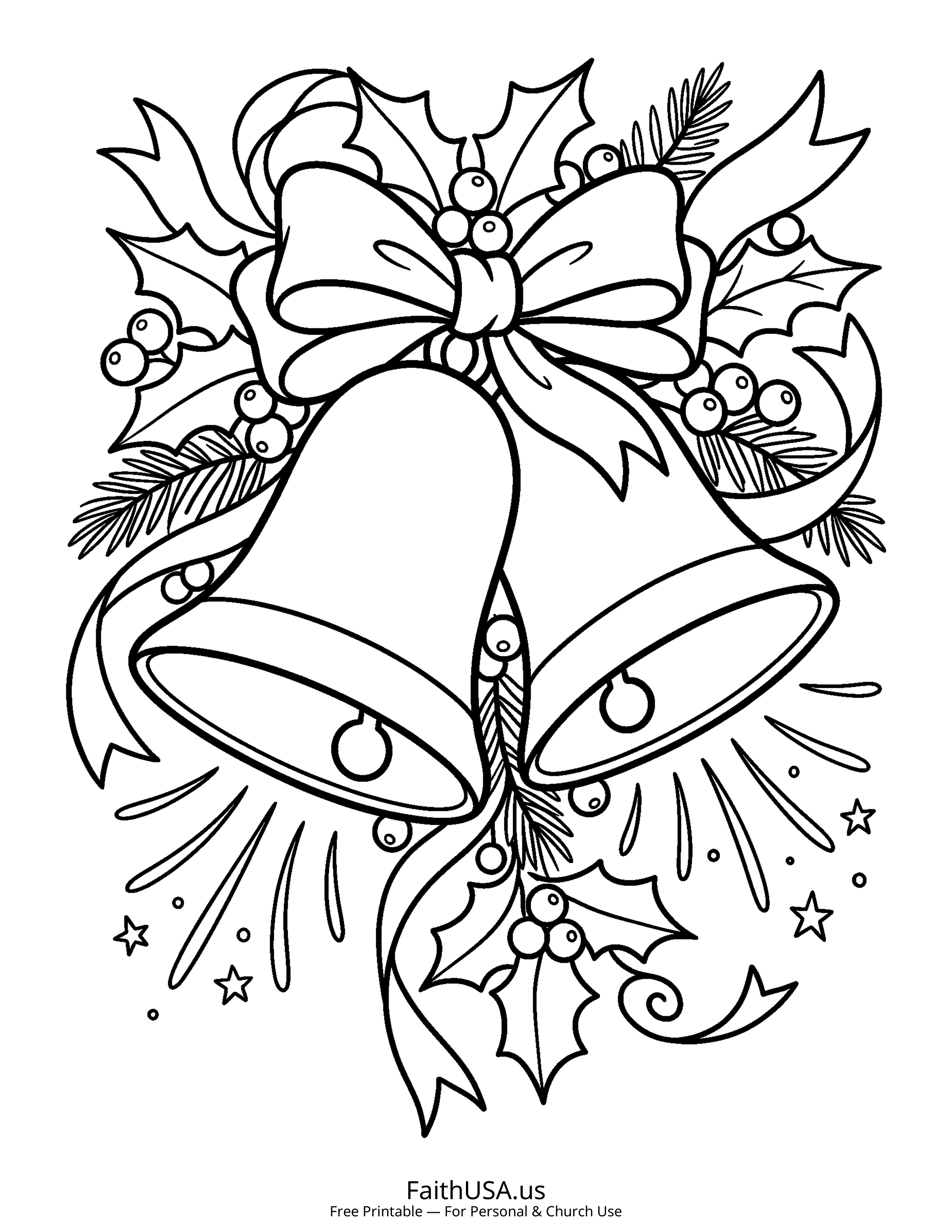 Christmas coloring page featuring Bells with Holly in simple black-and-white line art