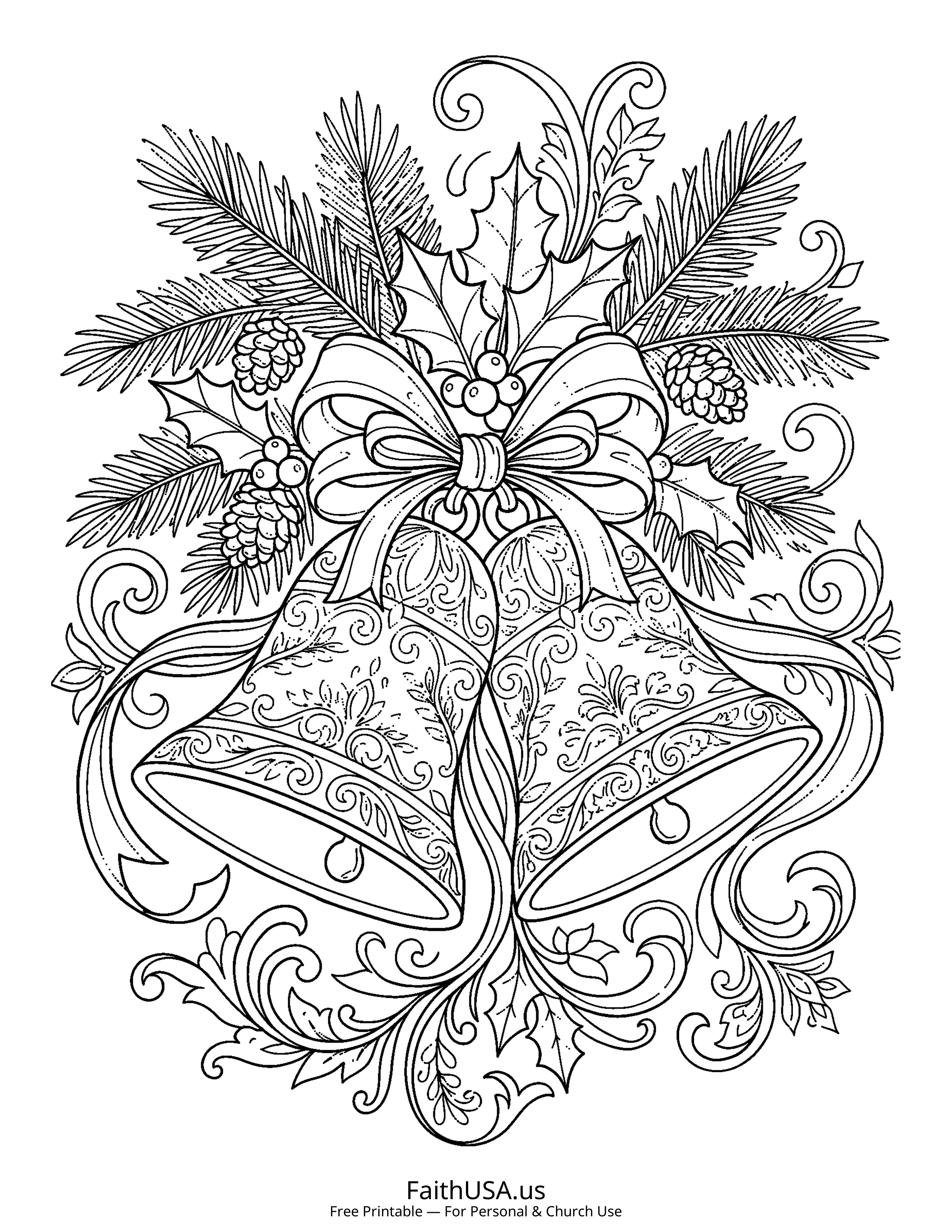 Christmas coloring page featuring Bells with Holly in detailed black-and-white line art