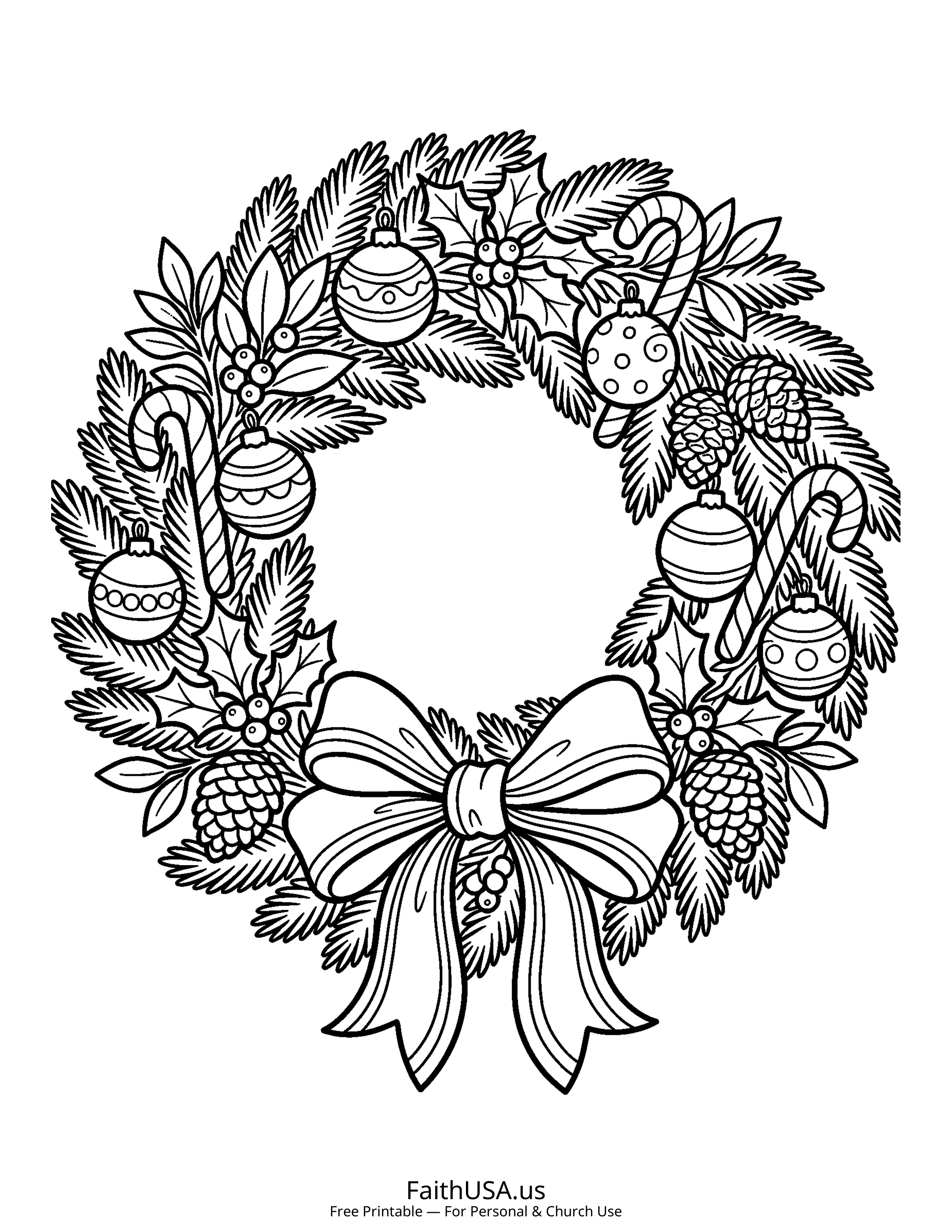 Christmas coloring page featuring Christmas Wreath in simple black-and-white line art