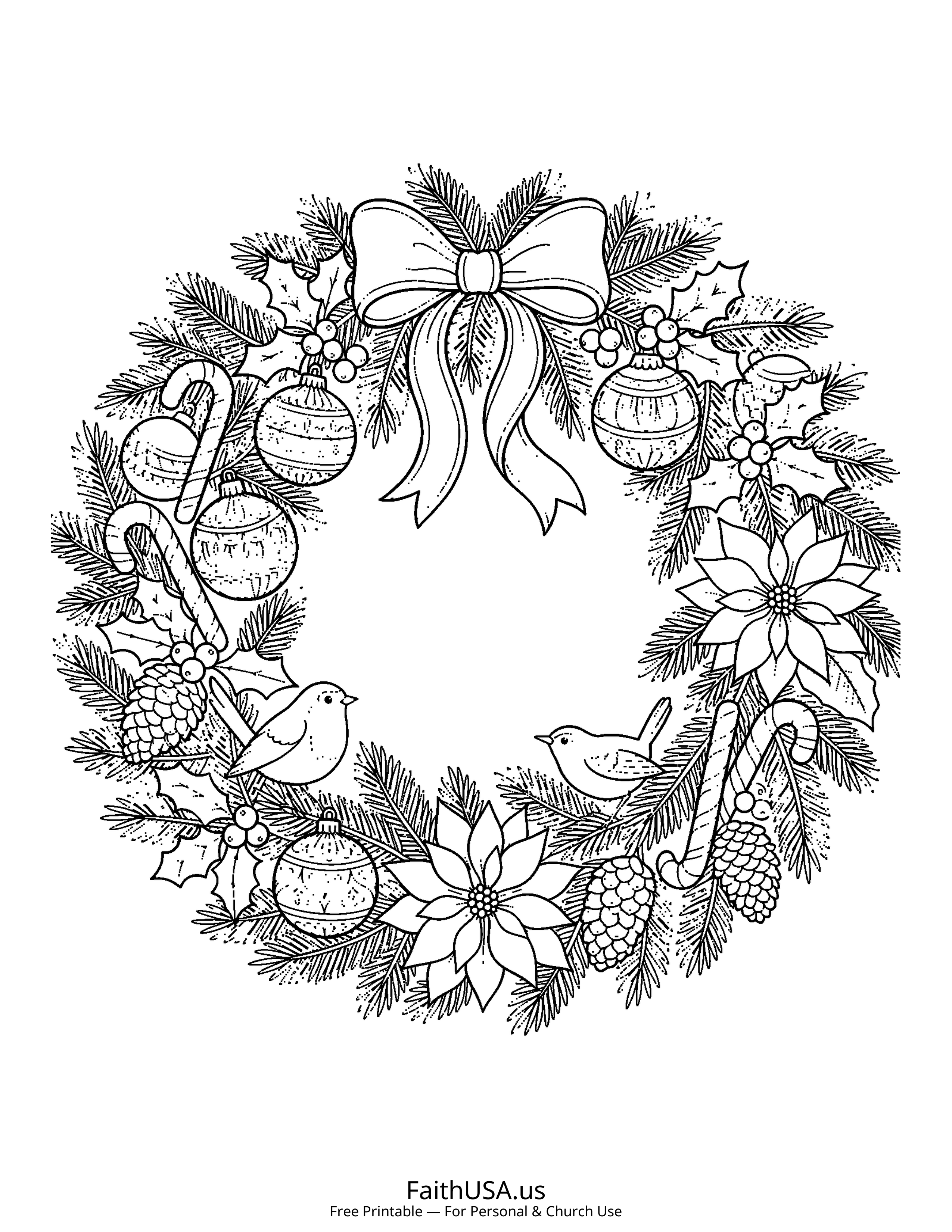 Christmas coloring page featuring Christmas Wreath in detailed black-and-white line art