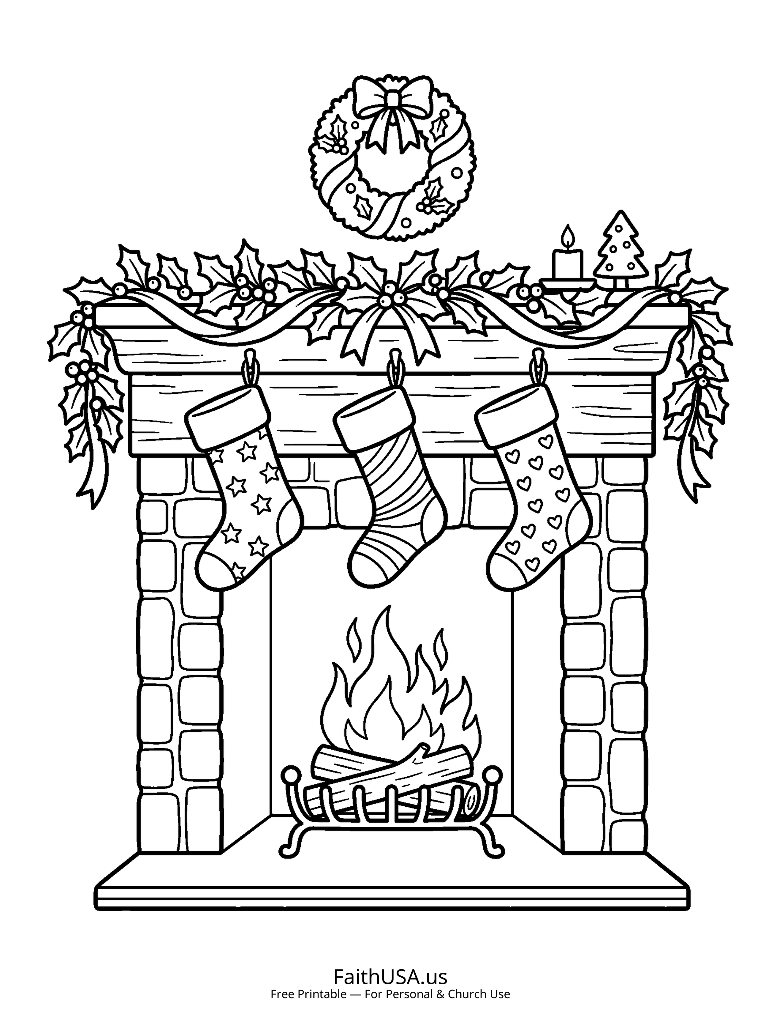 Christmas coloring page featuring Stockings by Fireplace in simple black-and-white line art