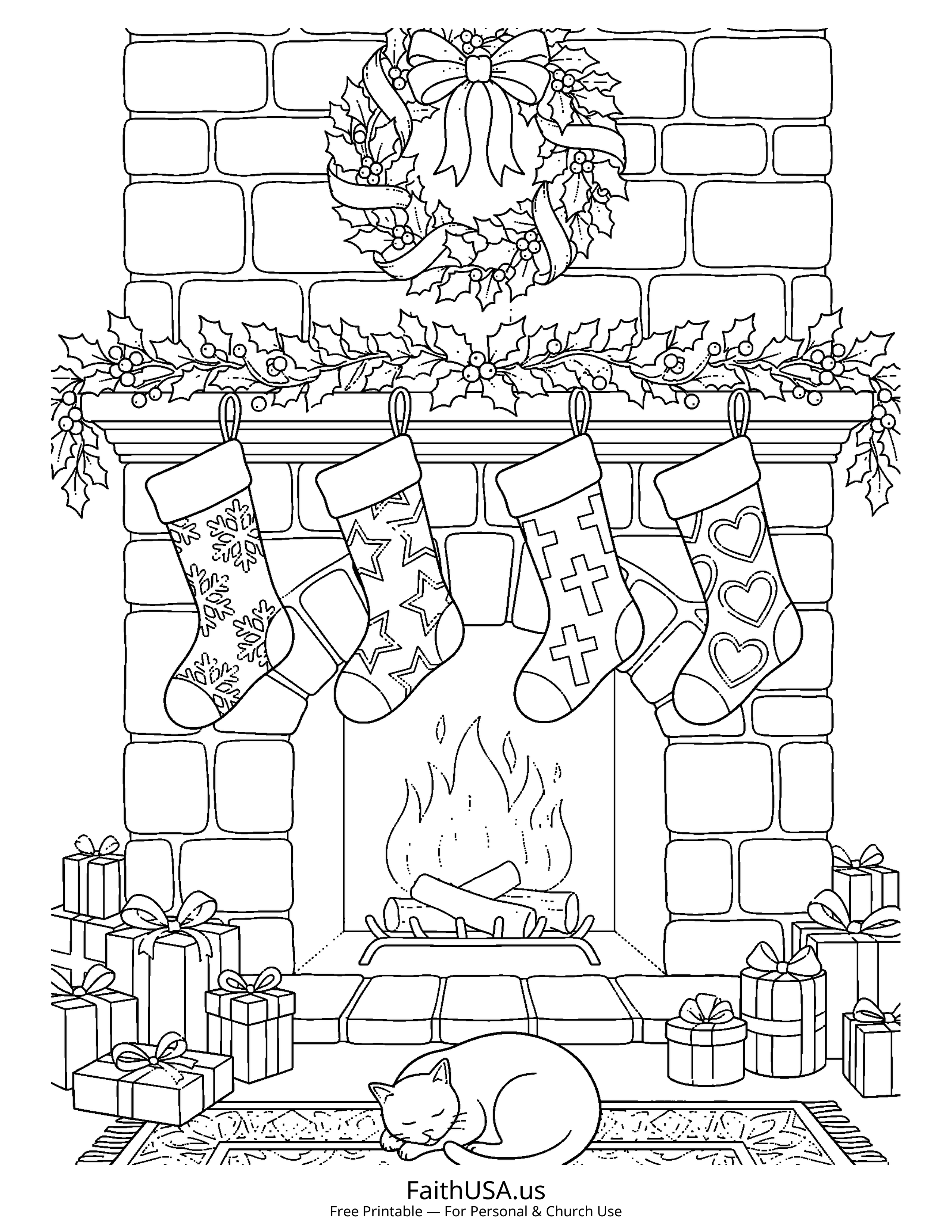 Christmas coloring page featuring Stockings by Fireplace in detailed black-and-white line art