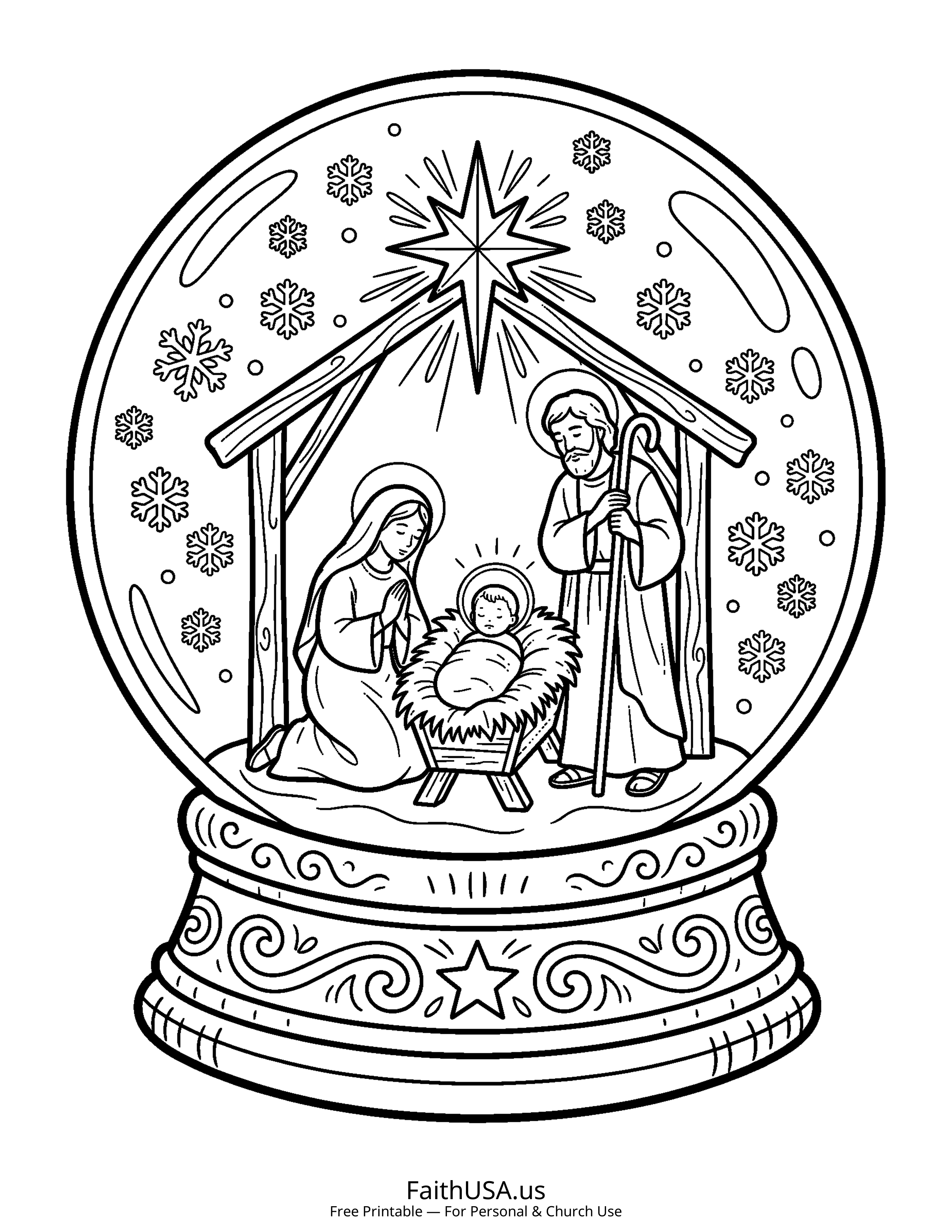 Christmas coloring page featuring Snow Globe Nativity in simple black-and-white line art