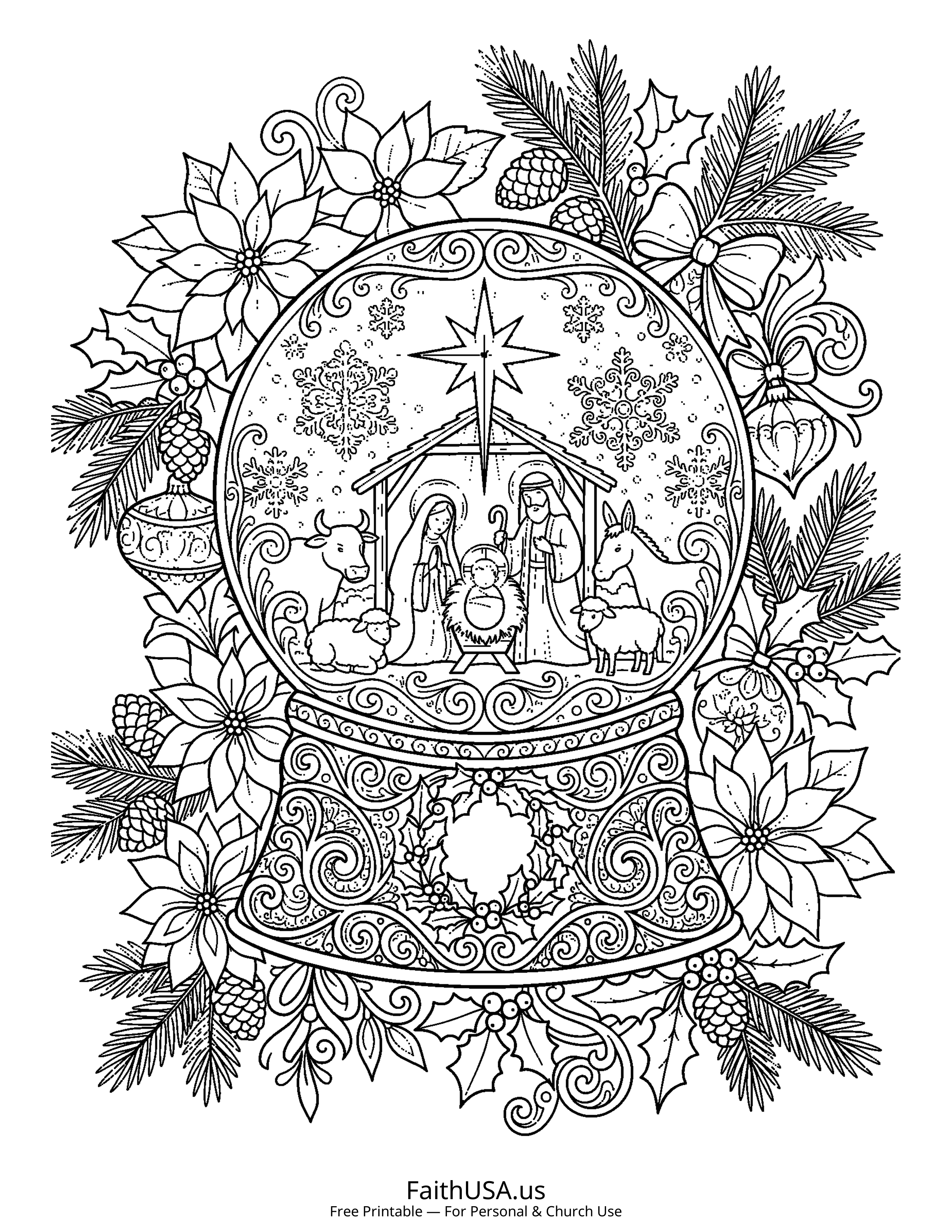Christmas coloring page featuring Snow Globe Nativity in detailed black-and-white line art