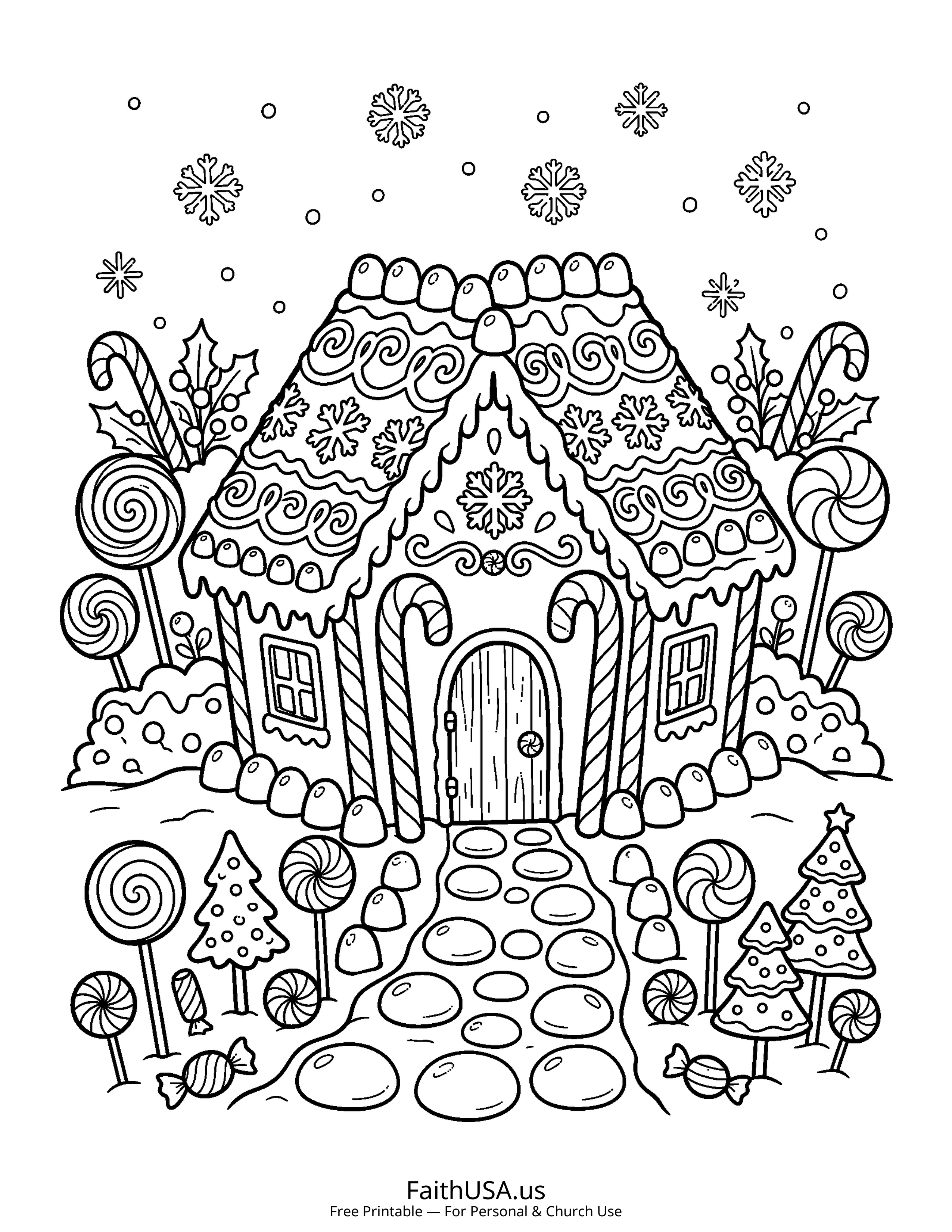 Christmas coloring page featuring Gingerbread House in simple black-and-white line art