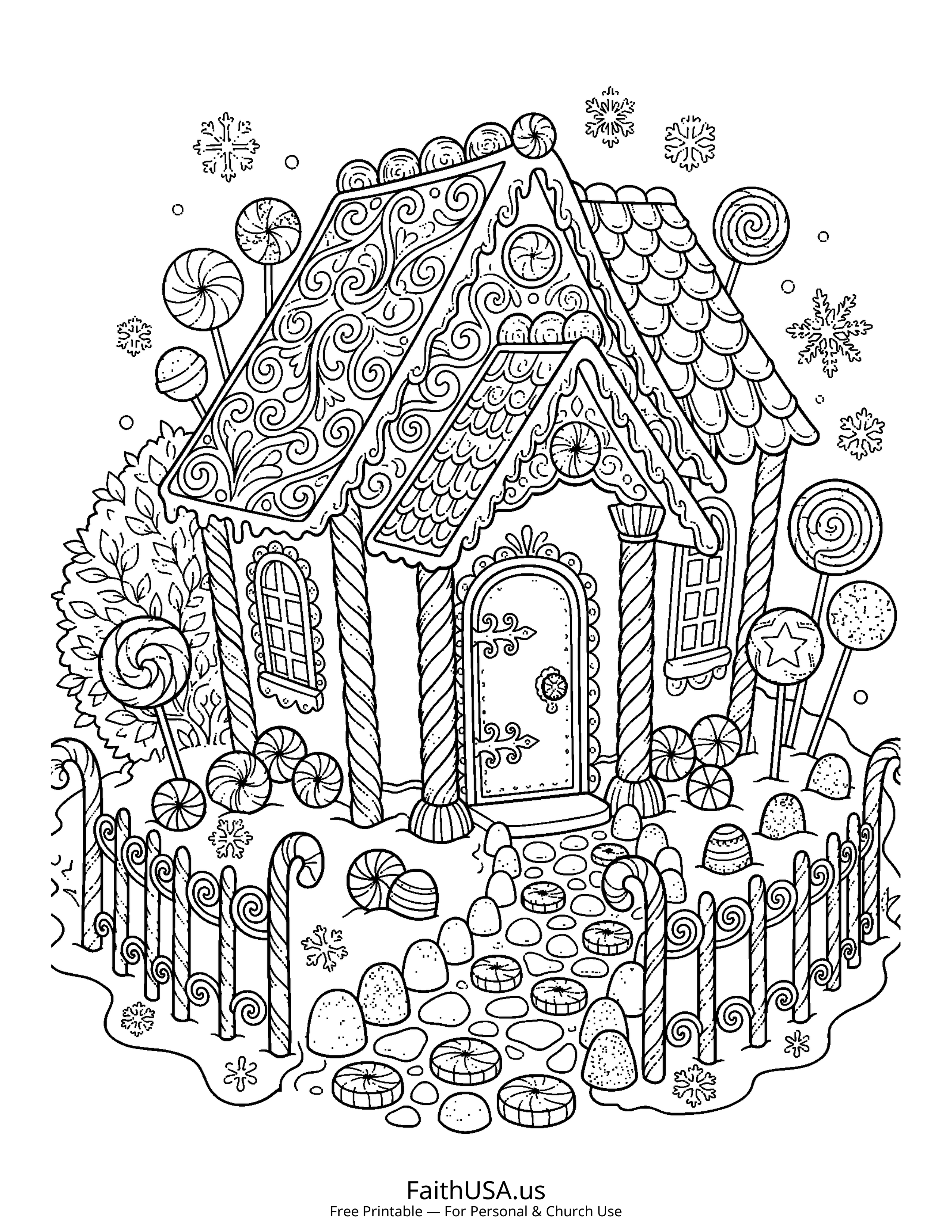 Christmas coloring page featuring Gingerbread House in detailed black-and-white line art
