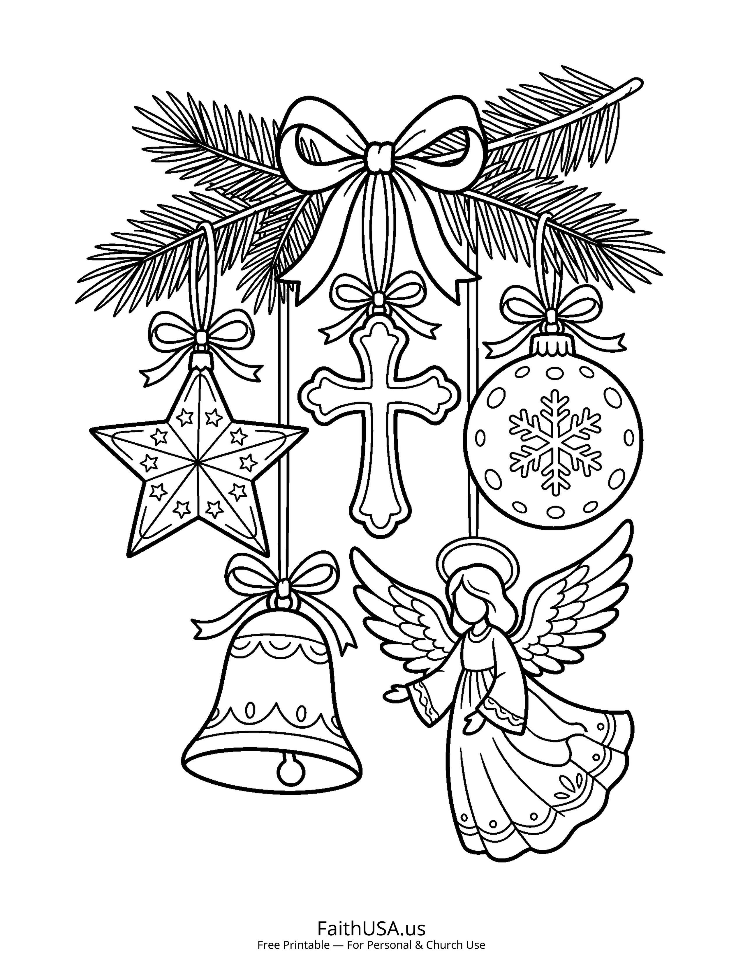 Christmas coloring page featuring Christmas Ornaments in simple black-and-white line art