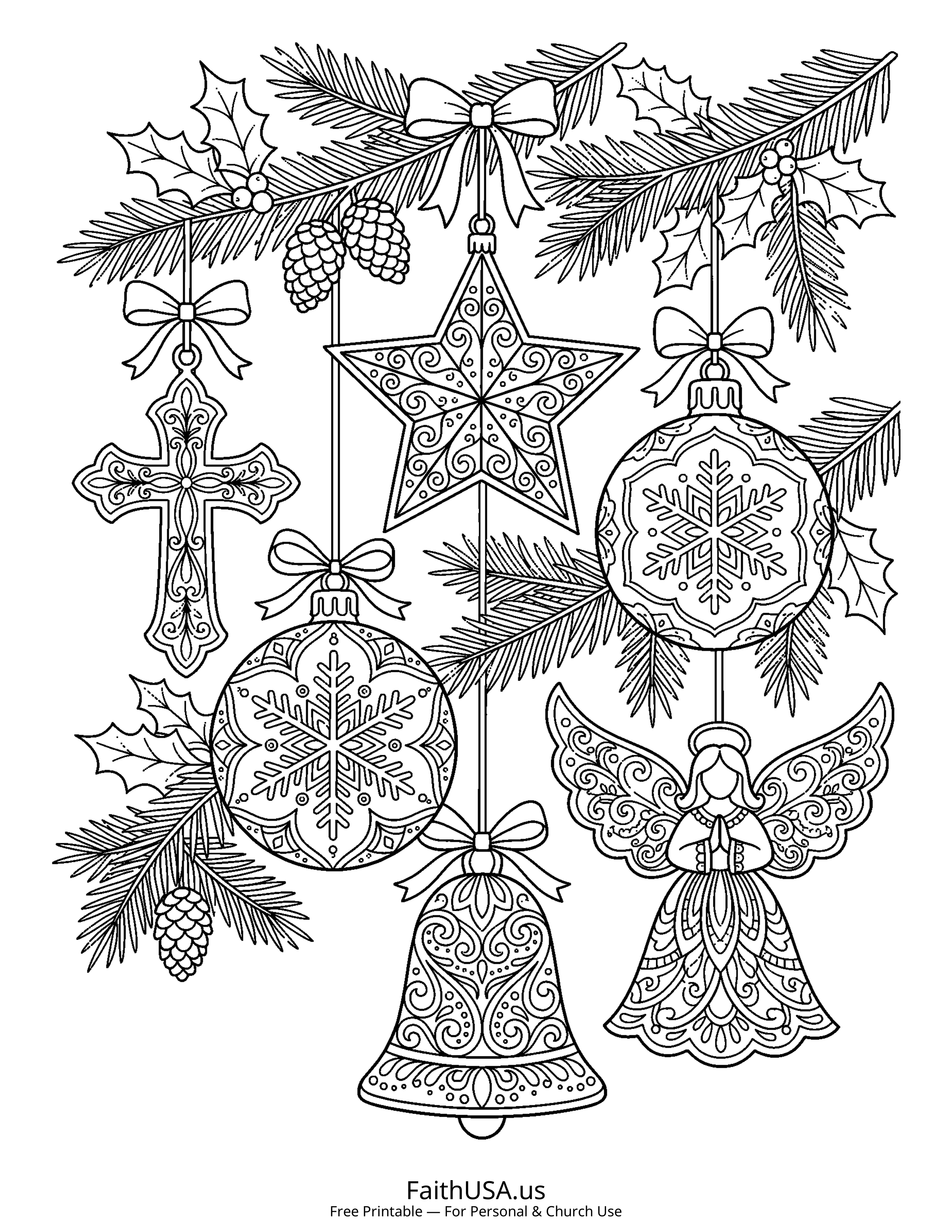 Christmas coloring page featuring Christmas Ornaments in detailed black-and-white line art