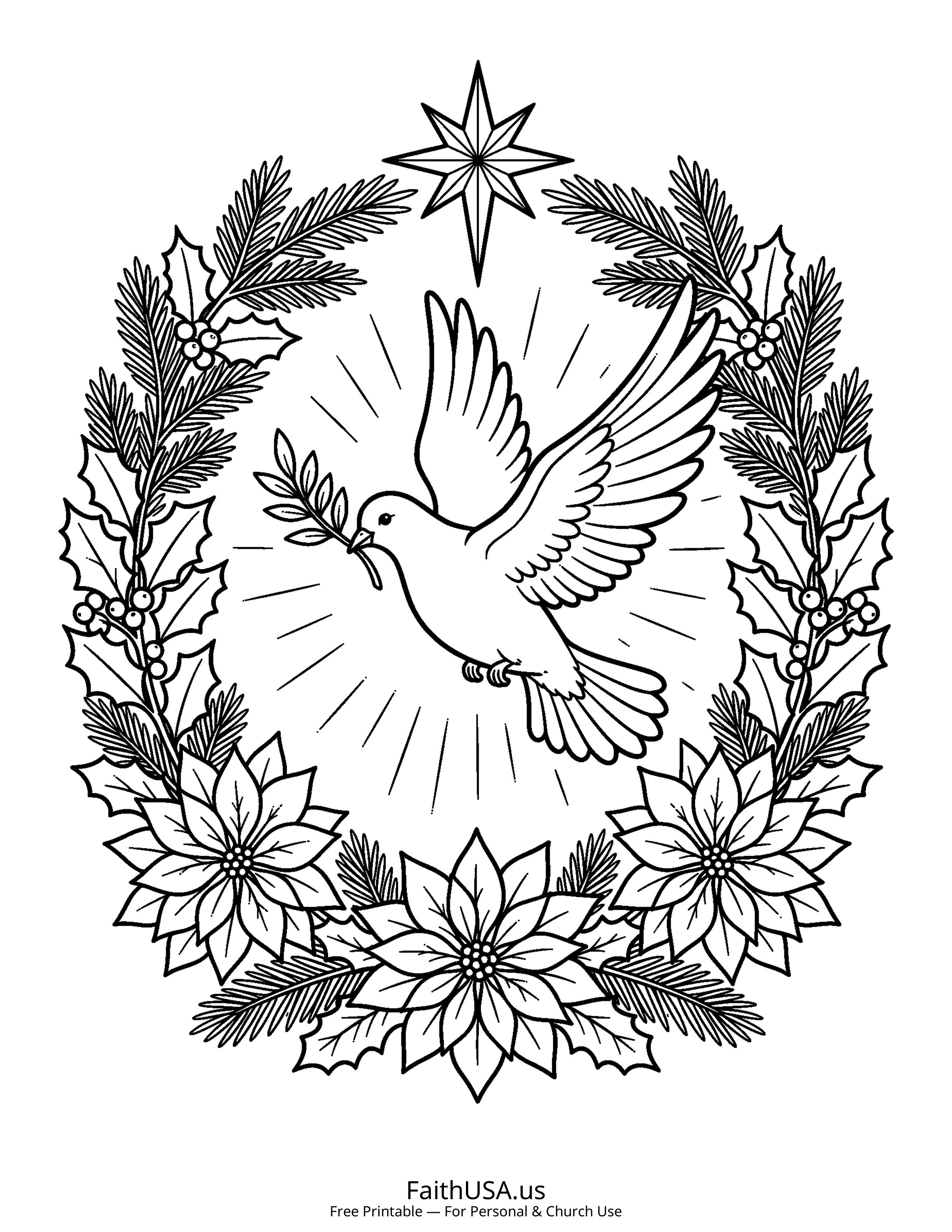 Christmas coloring page featuring Dove of Peace in simple black-and-white line art
