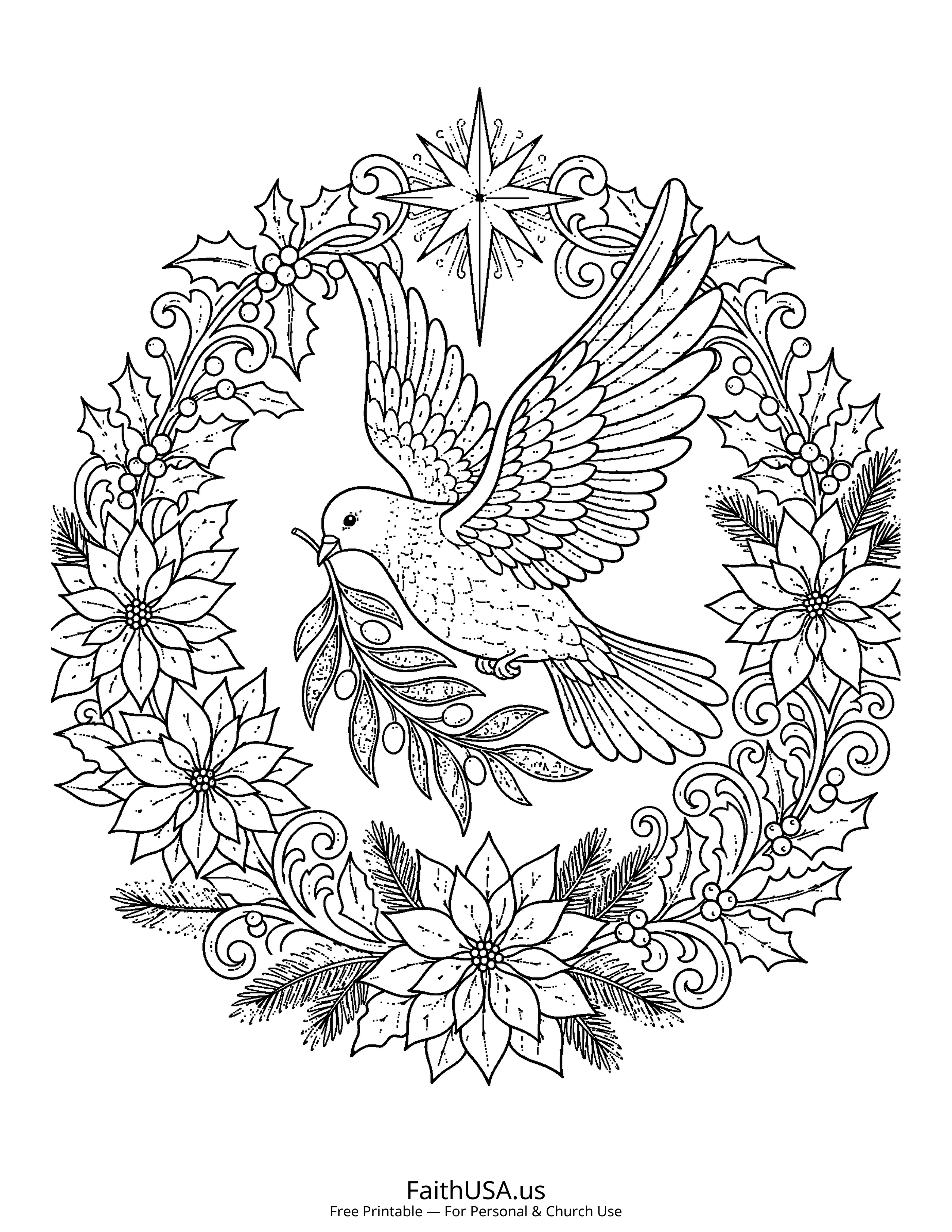 Christmas coloring page featuring Dove of Peace in detailed black-and-white line art