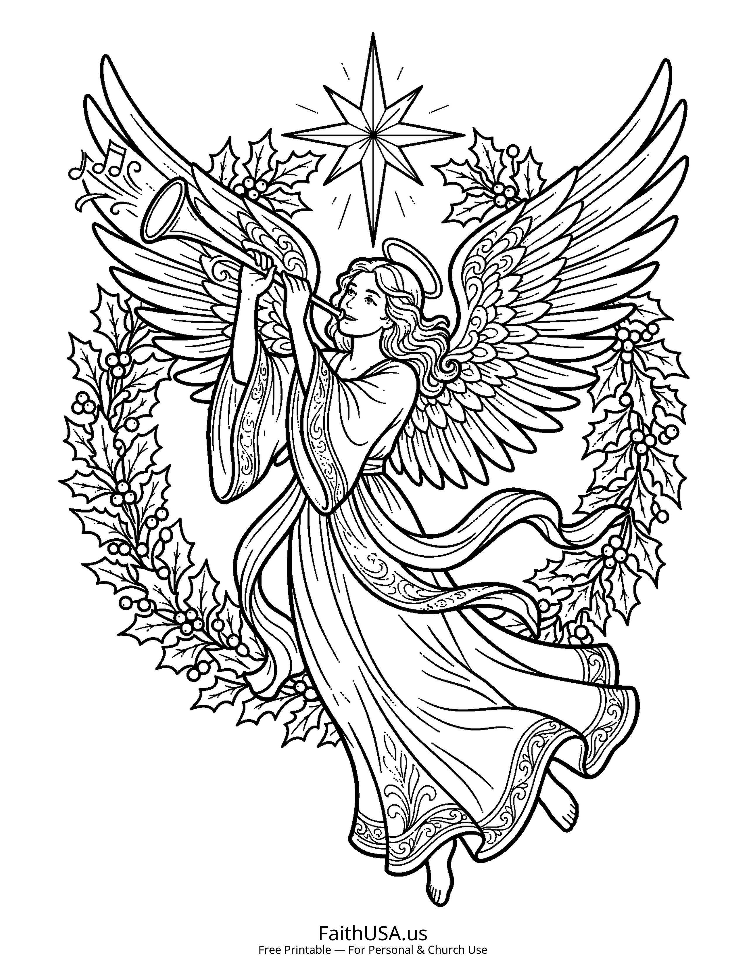 Christmas coloring page featuring Angel with Trumpet in simple black-and-white line art