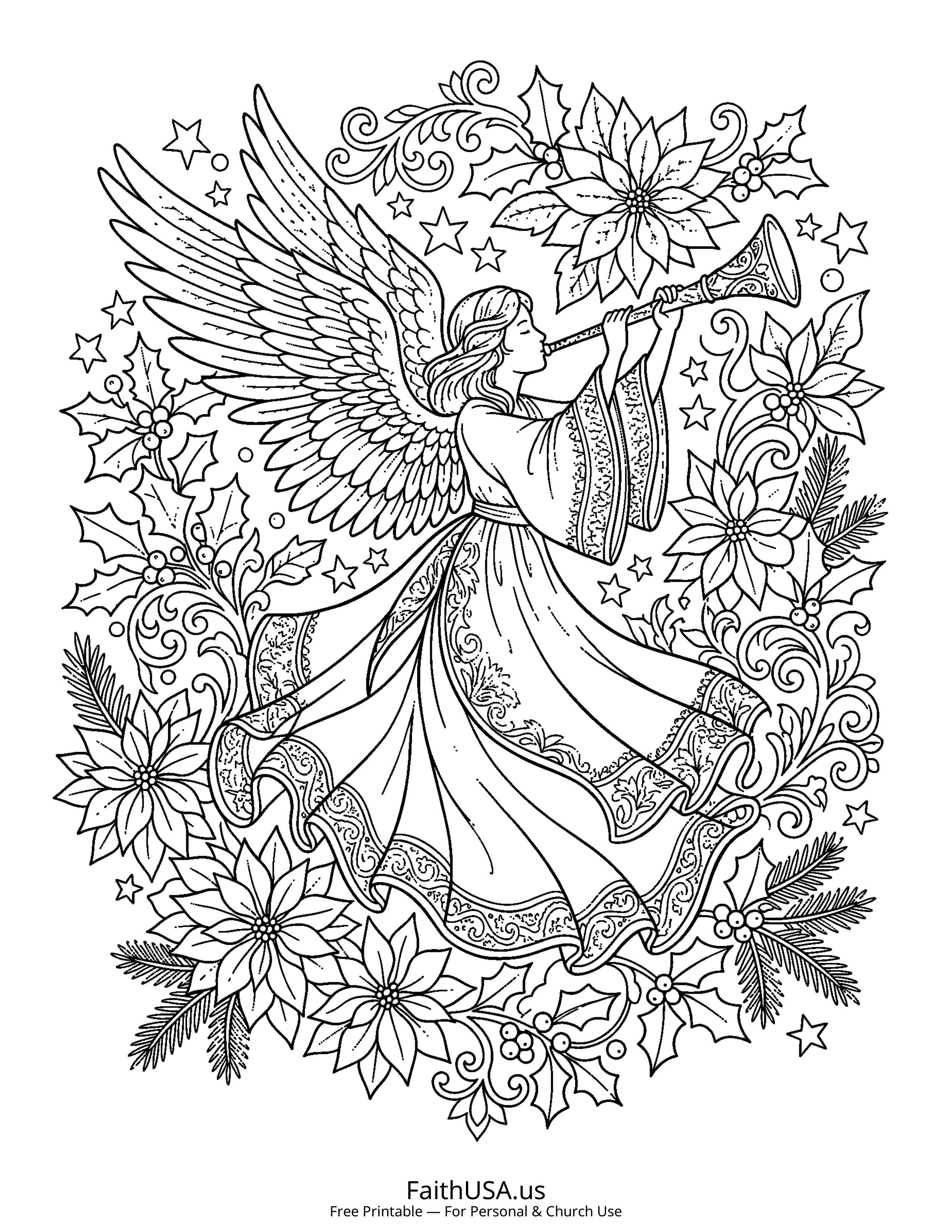 Christmas coloring page featuring Angel with Trumpet in detailed black-and-white line art