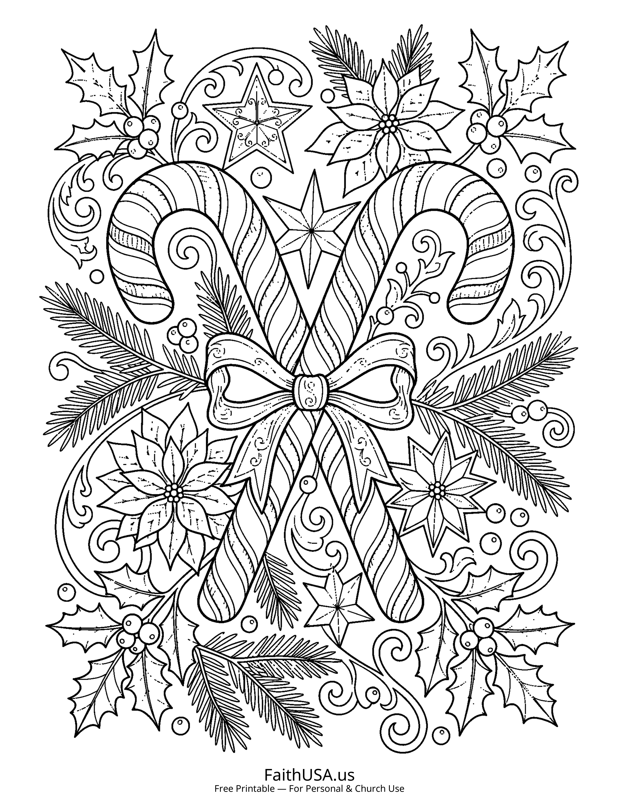 Christmas coloring page featuring Candy Canes in detailed black-and-white line art