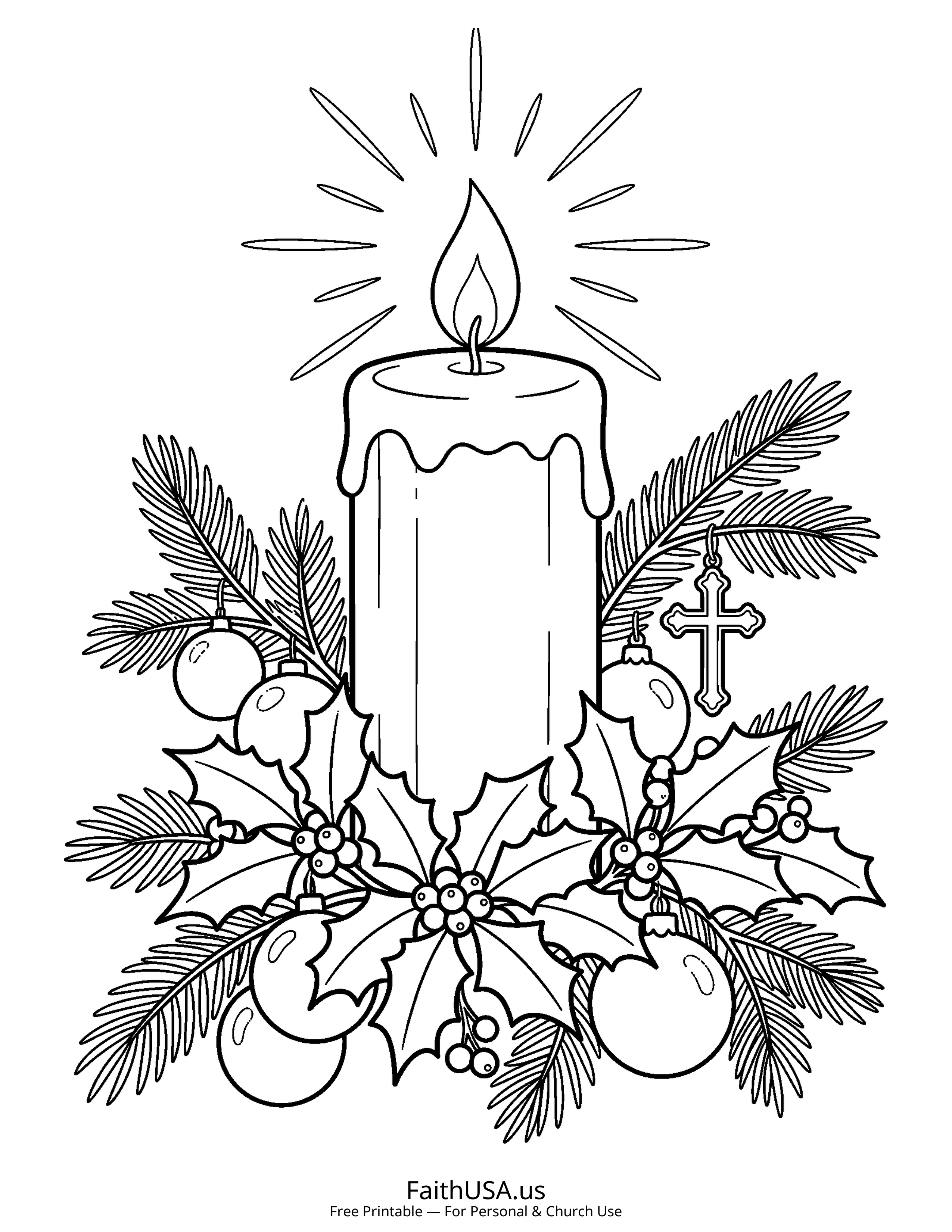 Christmas coloring page featuring Candle of Christ in simple black-and-white line art