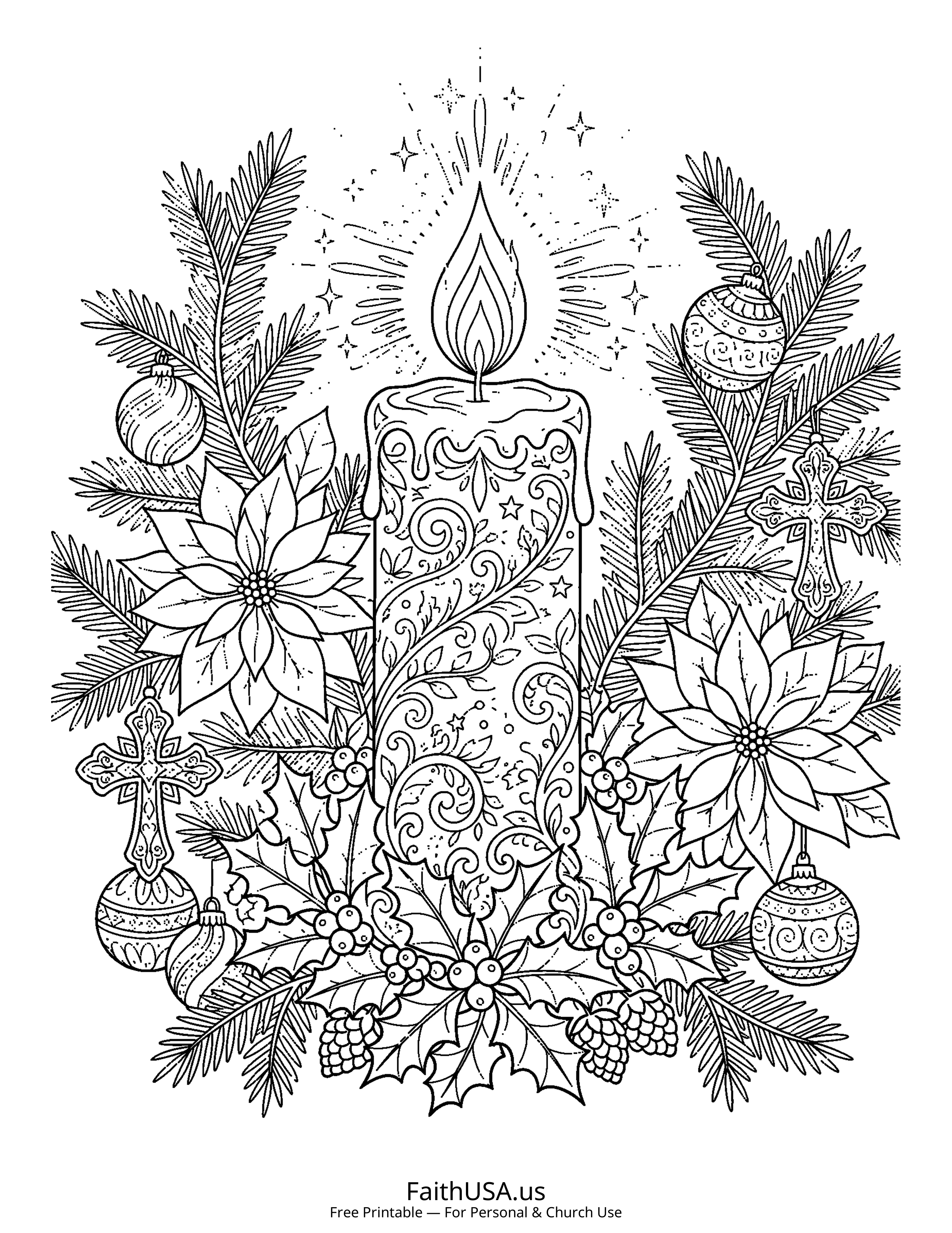 Christmas coloring page featuring Candle of Christ in detailed black-and-white line art