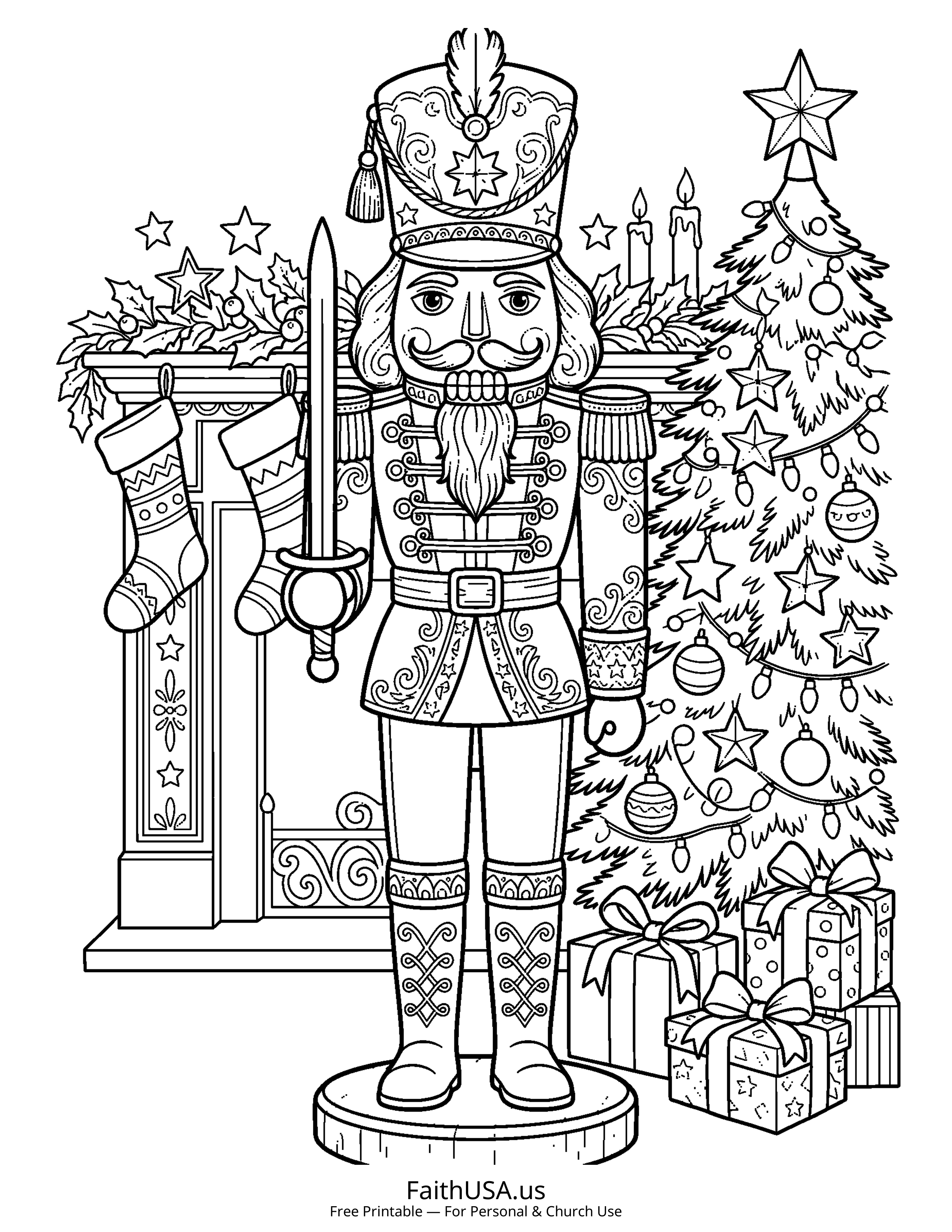 Christmas coloring page featuring Nutcracker in simple black-and-white line art