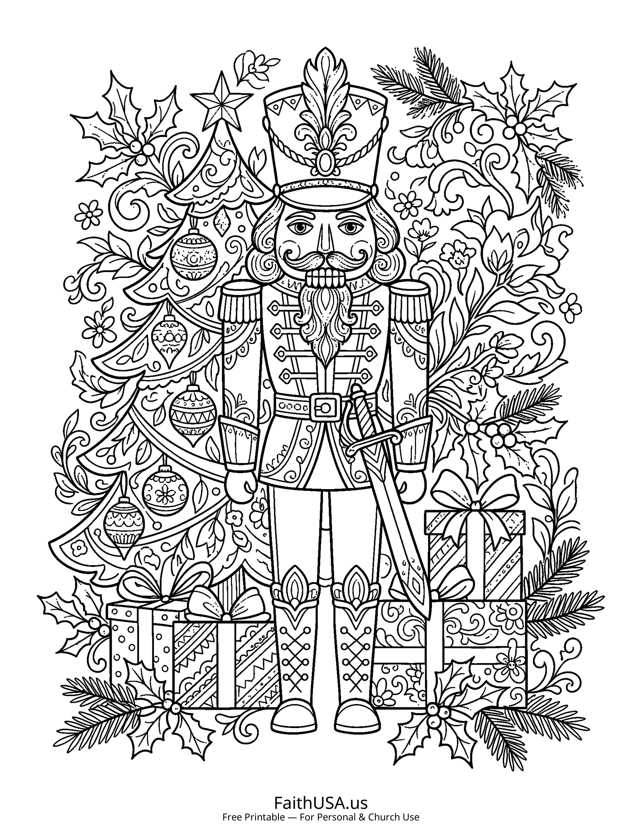 Christmas coloring page featuring Nutcracker in detailed black-and-white line art