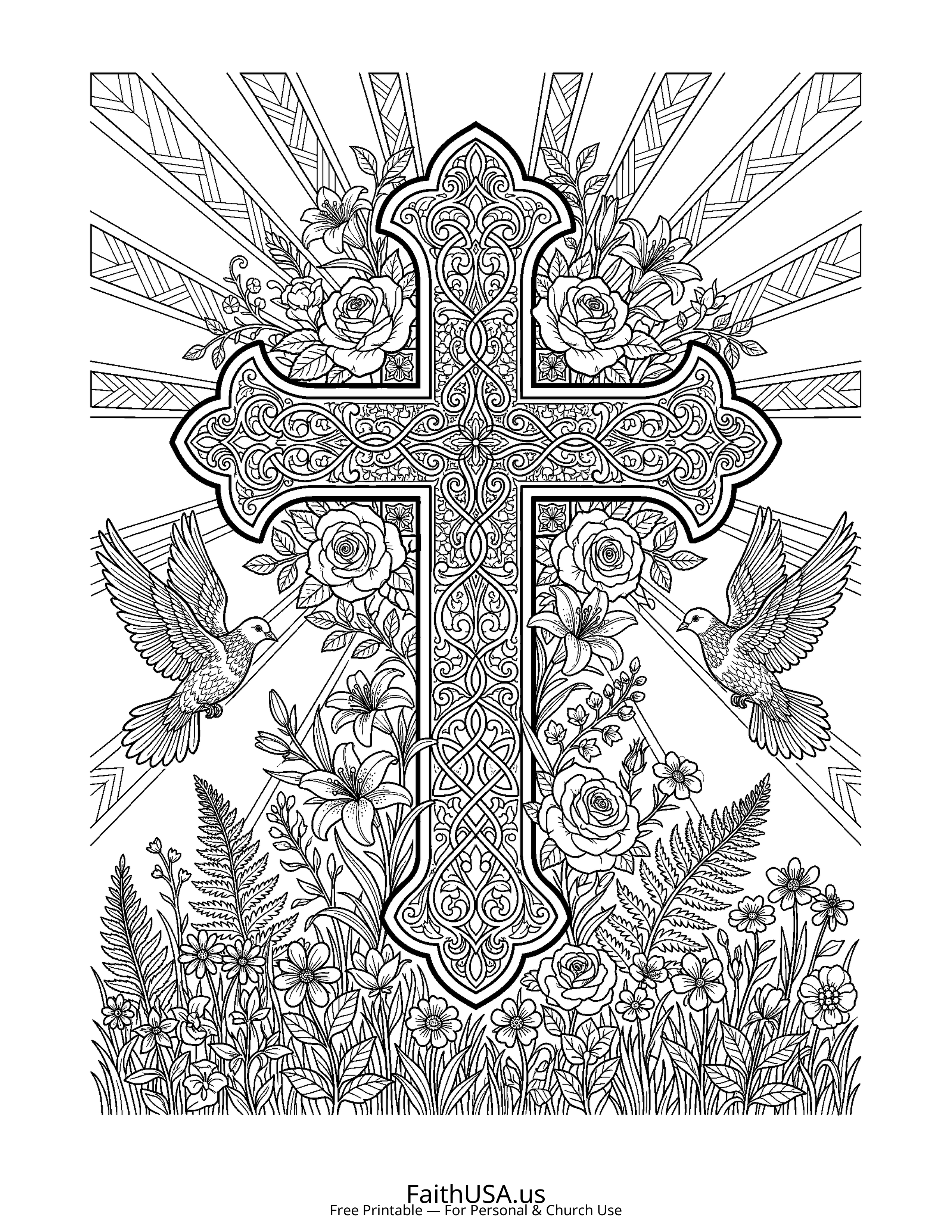 Cross coloring page featuring Floral Latin Cross in detailed black-and-white line art