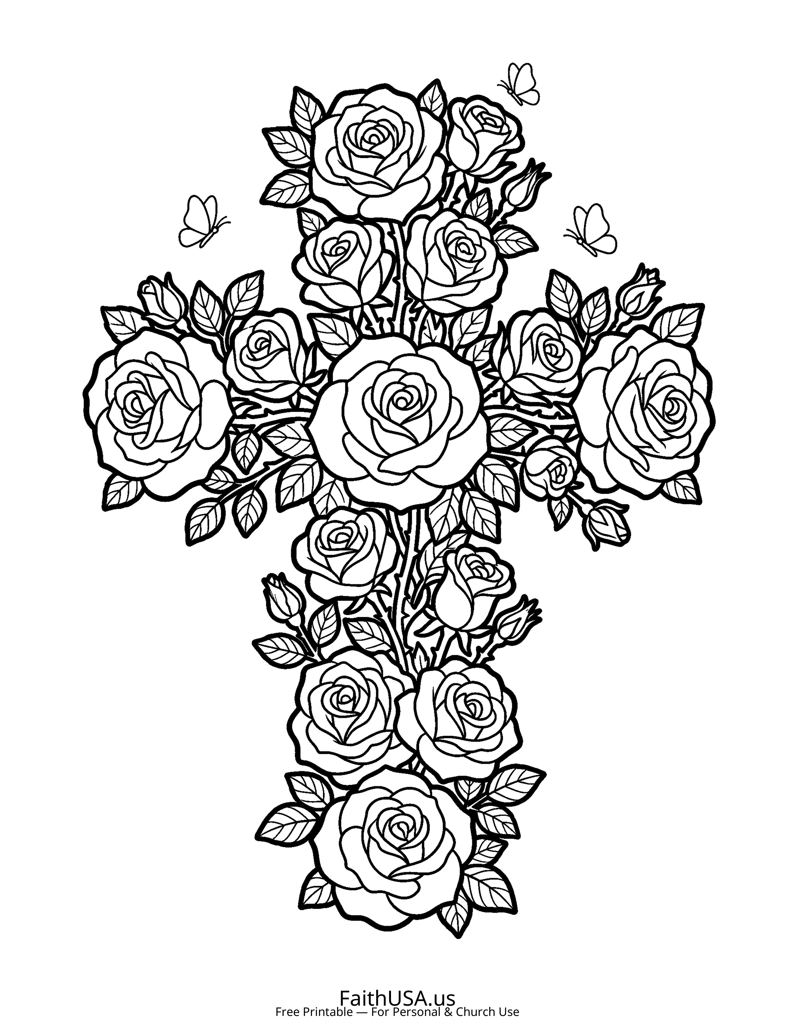 Cross coloring page featuring Cross of Roses in simple black-and-white line art