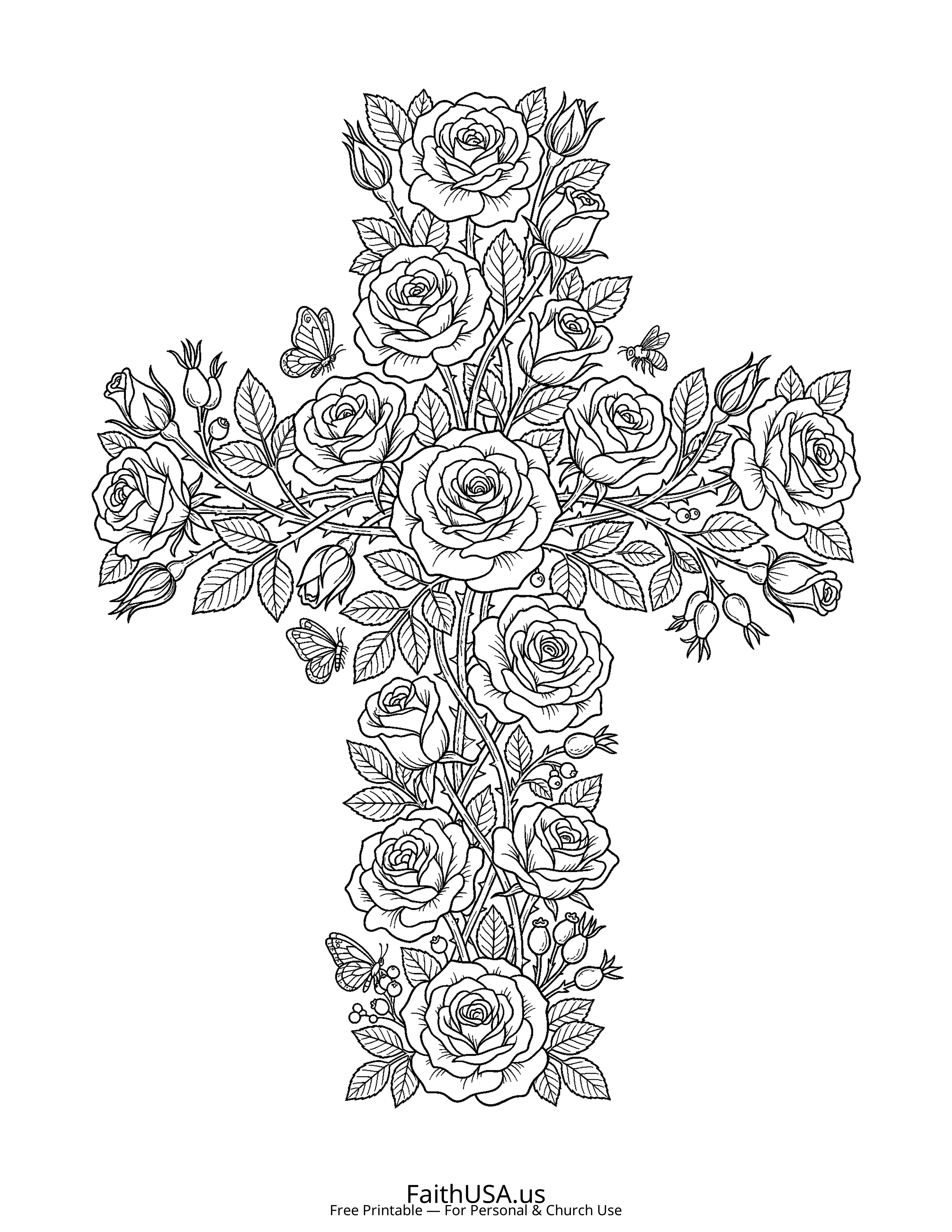 Cross coloring page featuring Cross of Roses in detailed black-and-white line art