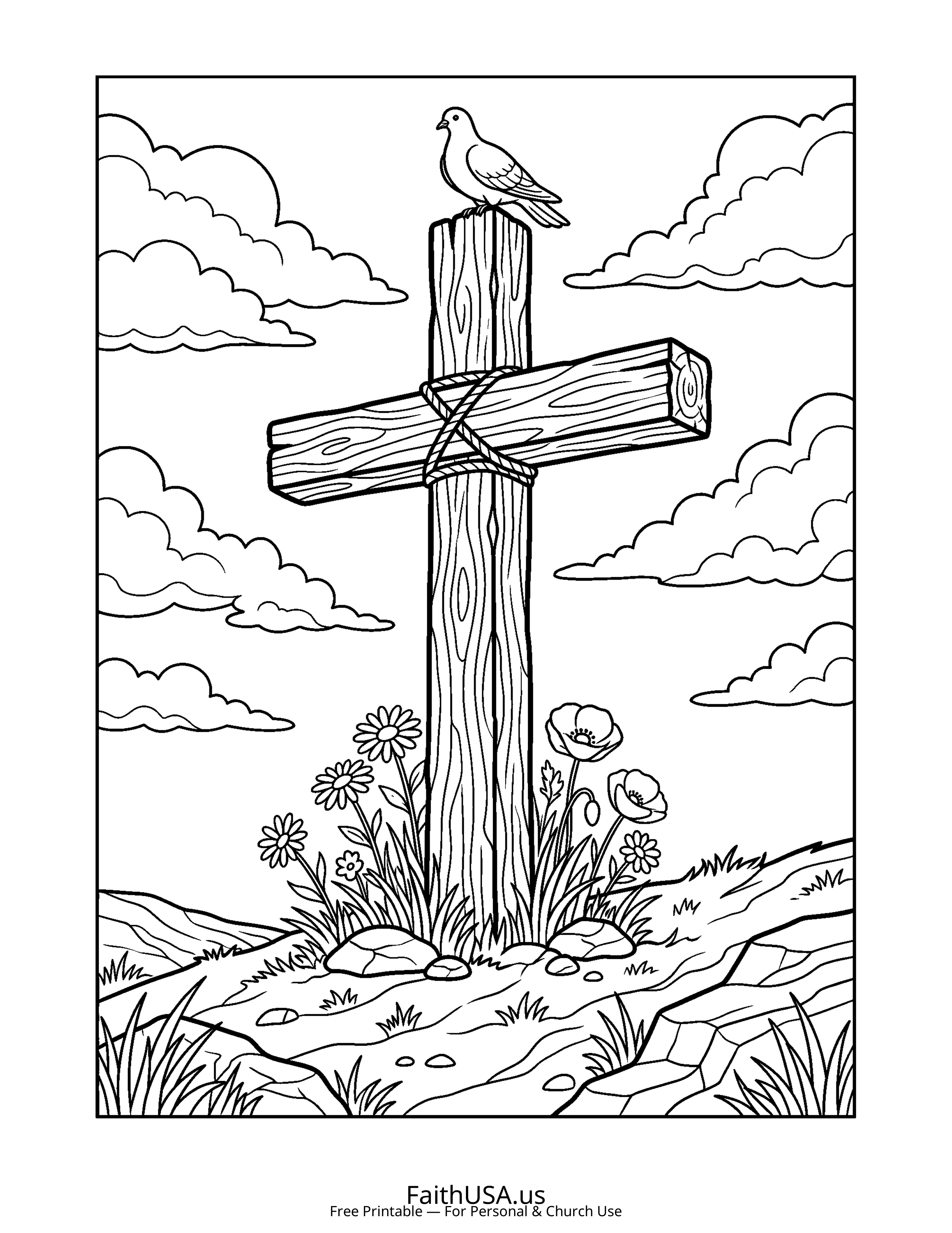 Cross coloring page featuring Wooden Rustic Cross in simple black-and-white line art