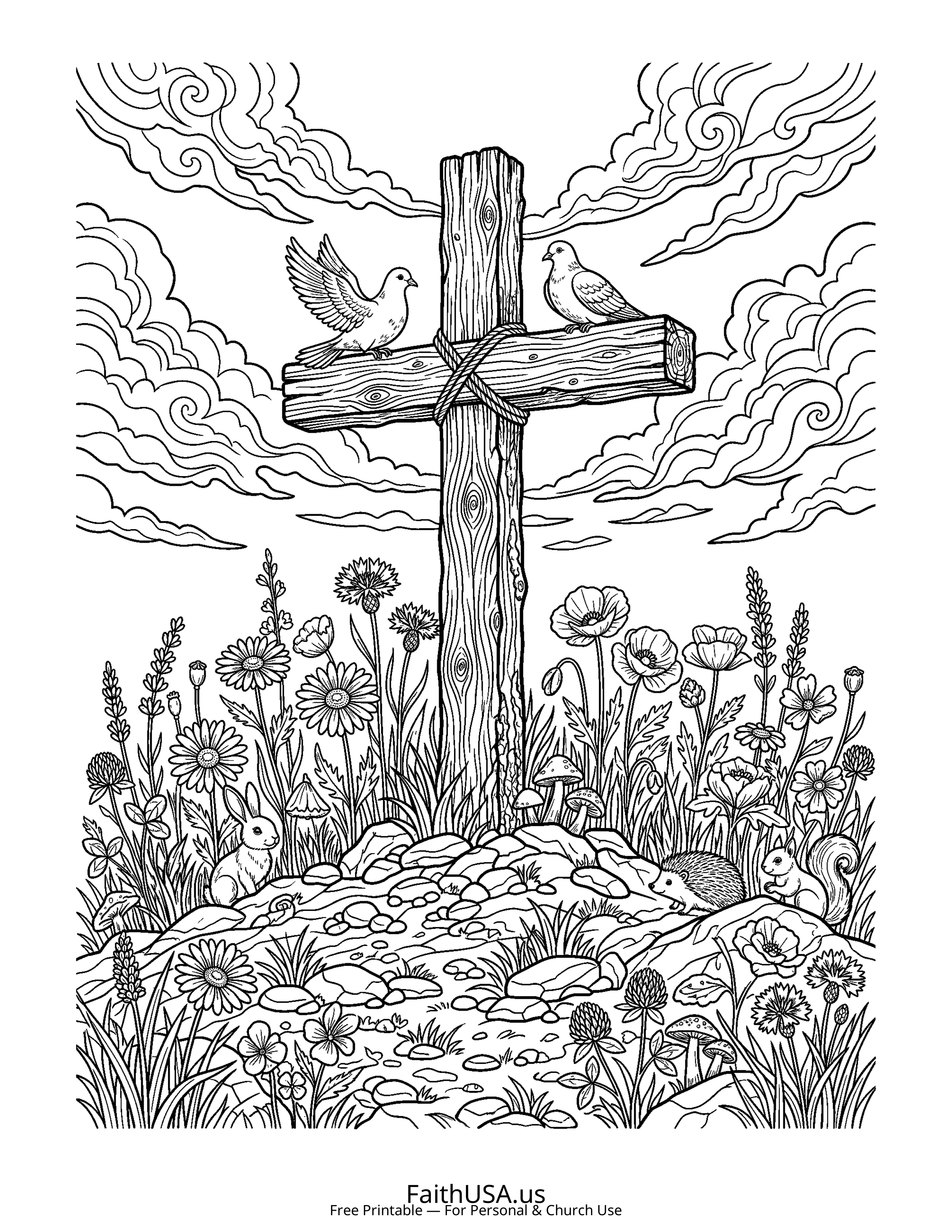 Cross coloring page featuring Wooden Rustic Cross in detailed black-and-white line art