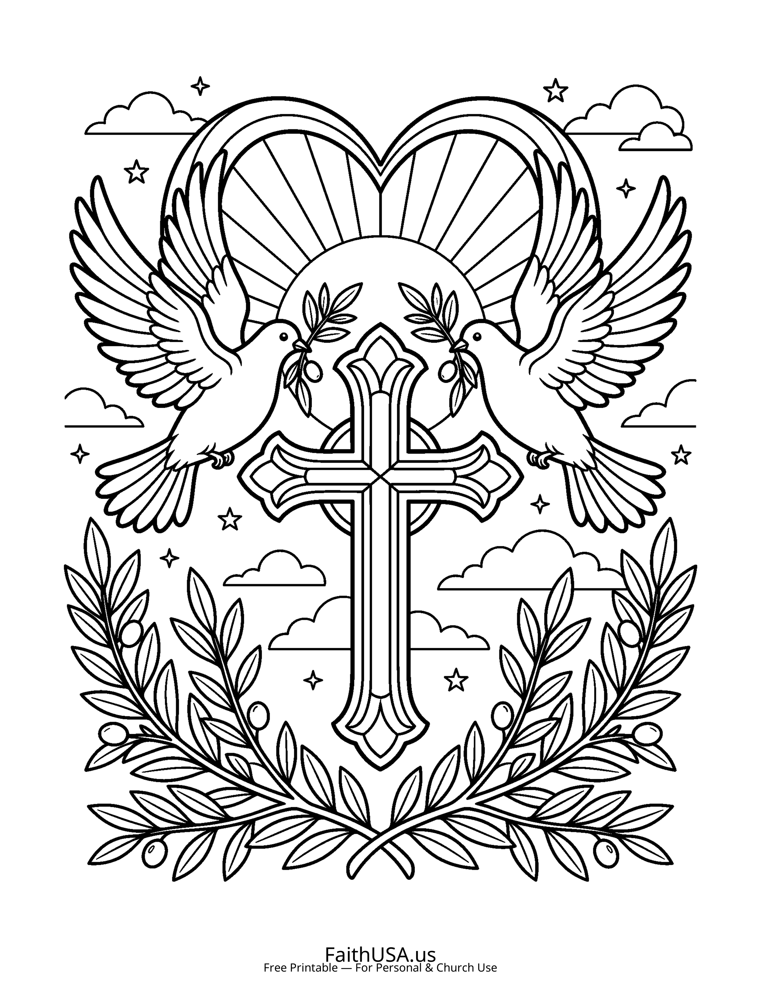 Cross coloring page featuring Cross with Doves in simple black-and-white line art