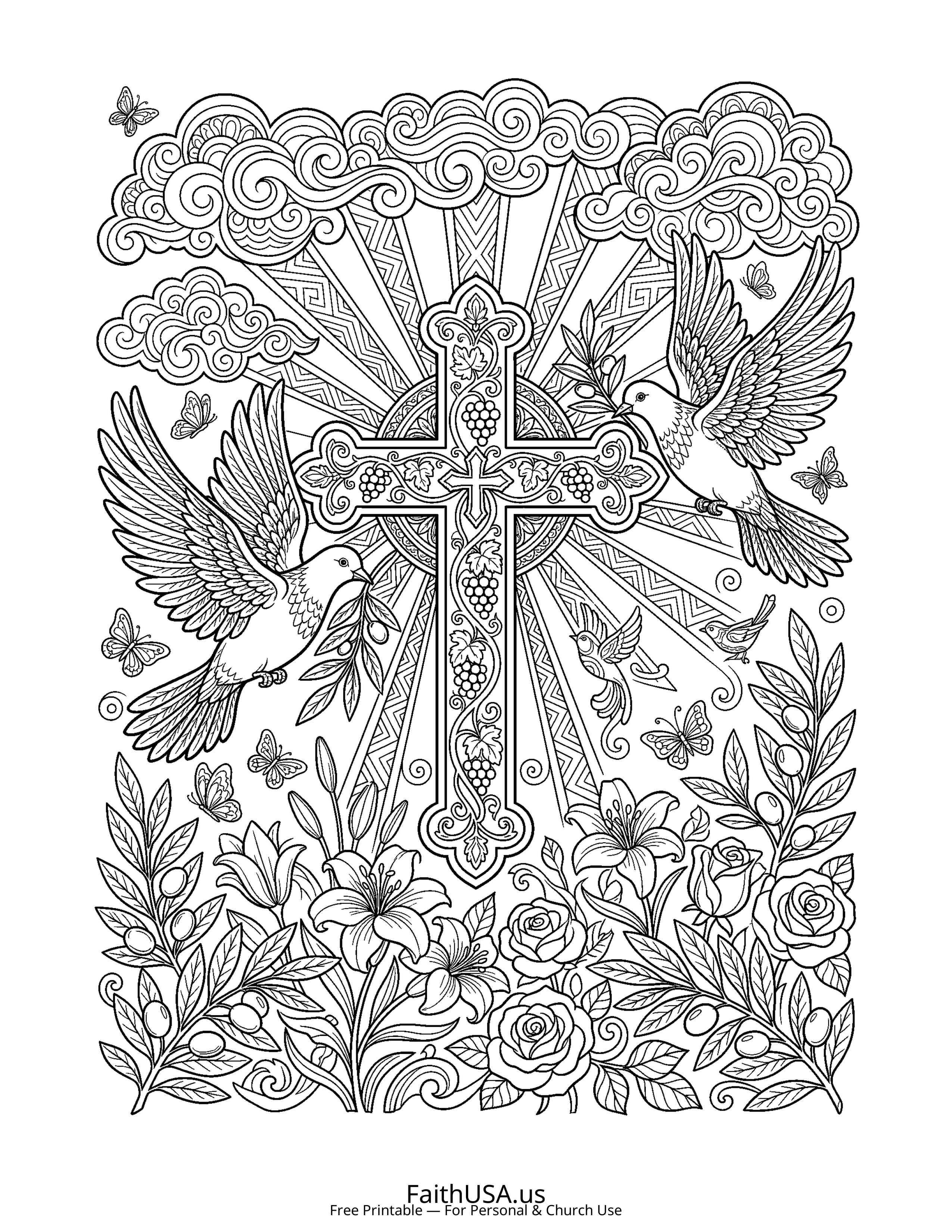 Cross coloring page featuring Cross with Doves in detailed black-and-white line art