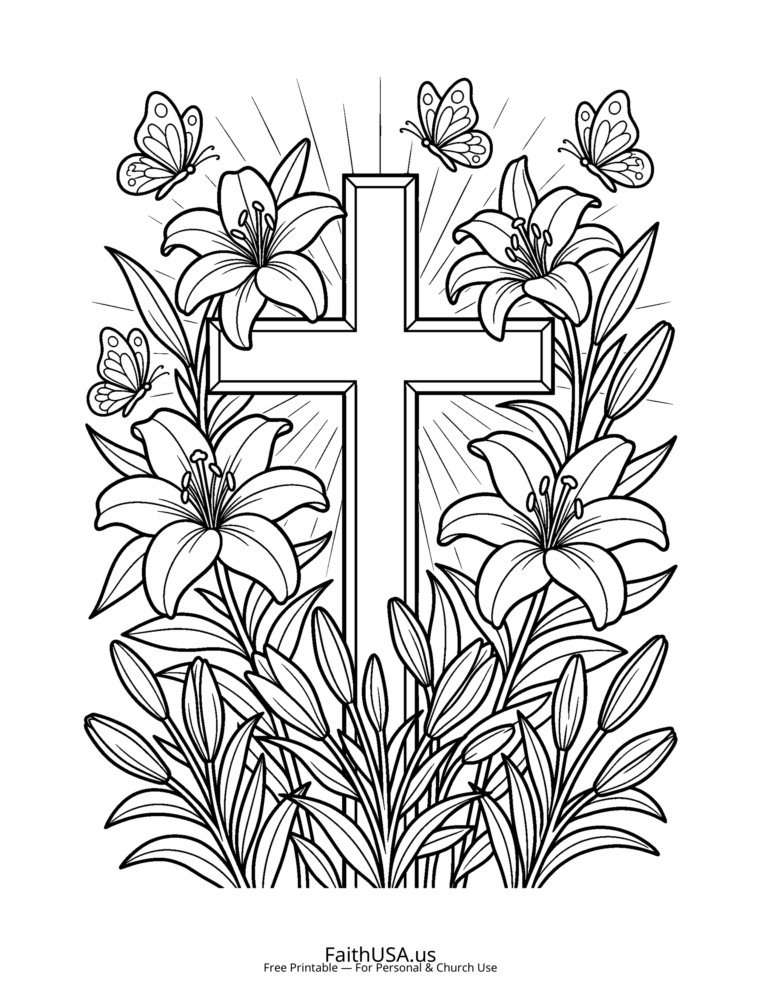 Cross coloring page featuring Cross with Easter Lilies in simple black-and-white line art