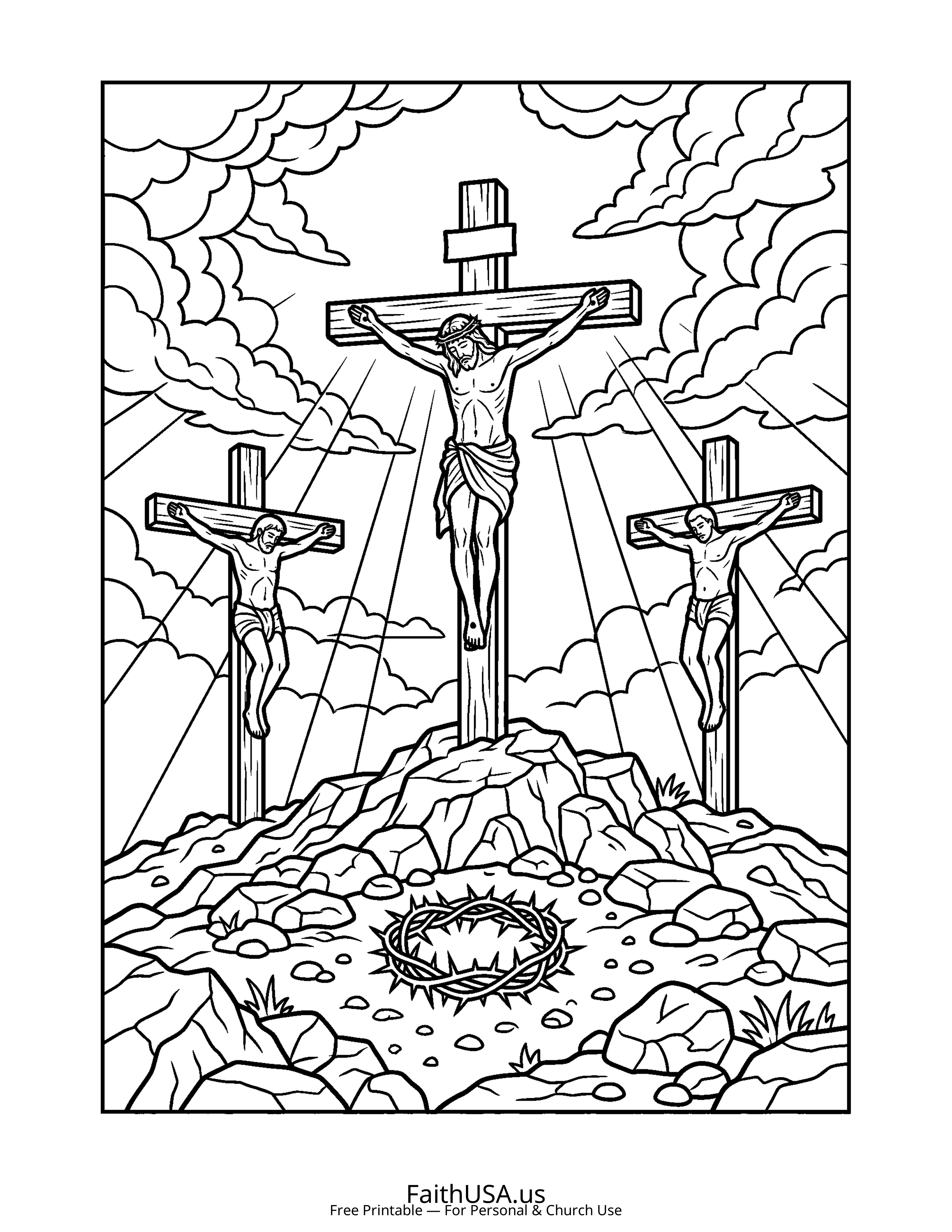Cross coloring page featuring Calvary Three Crosses in simple black-and-white line art