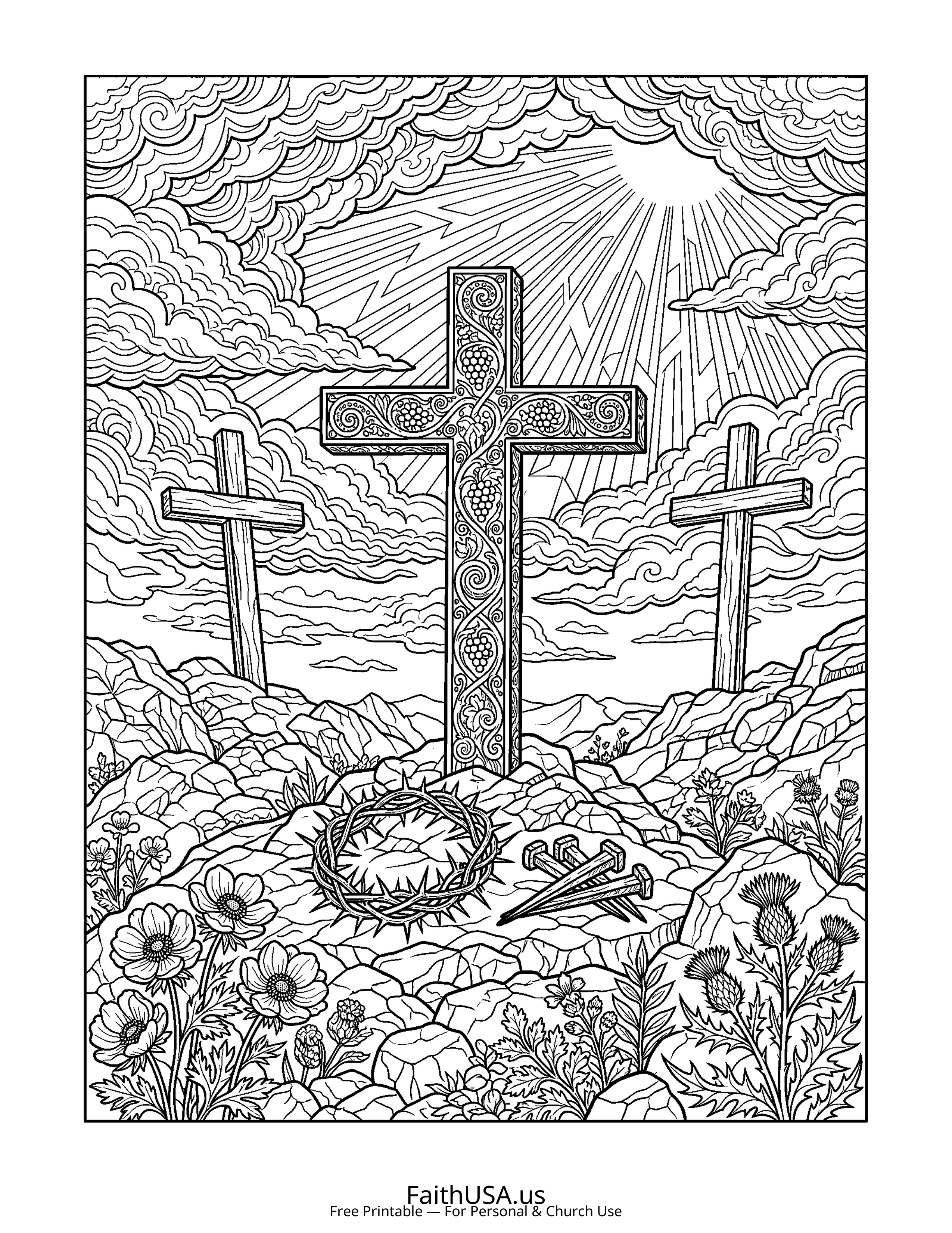 Cross coloring page featuring Calvary Three Crosses in detailed black-and-white line art