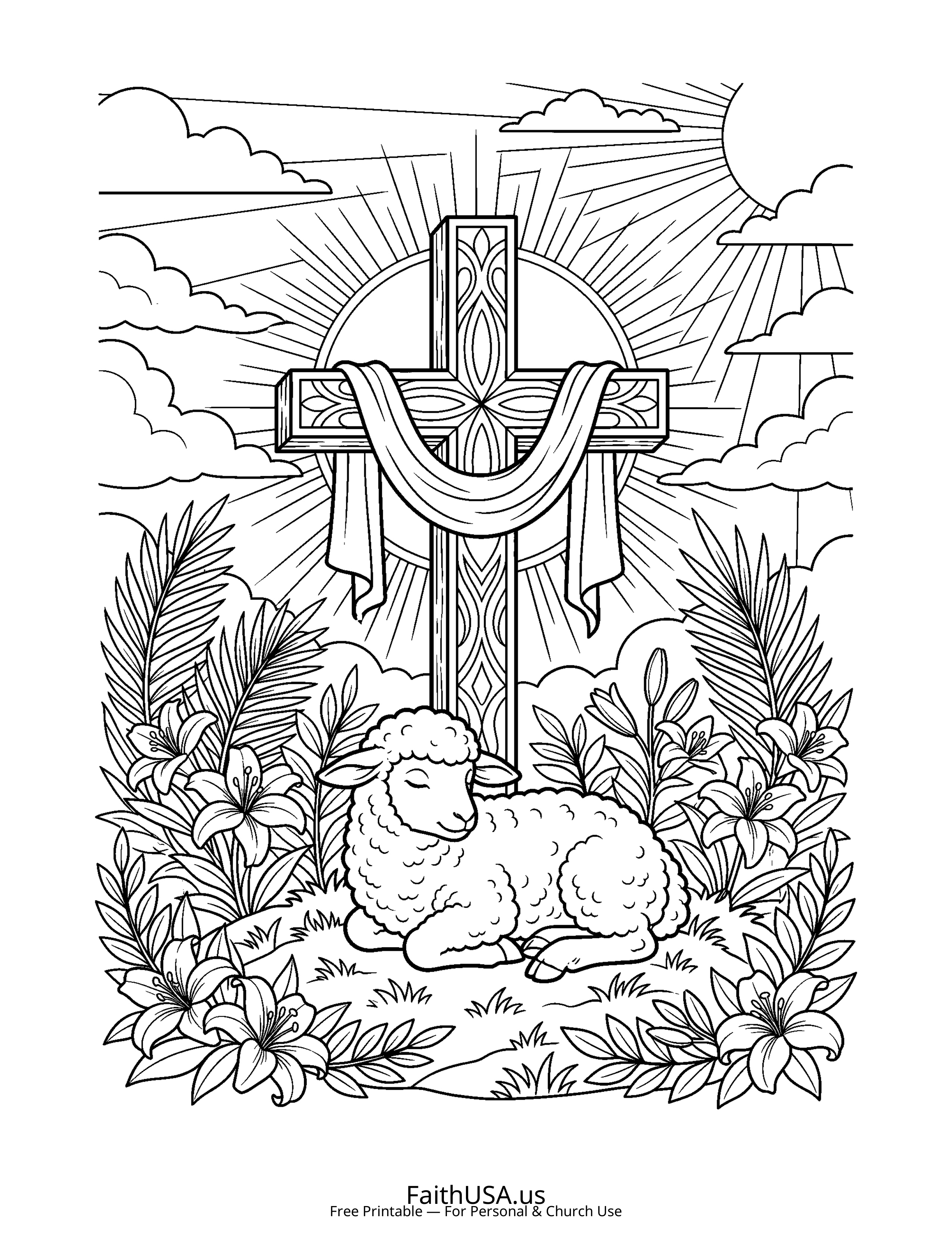 Cross coloring page featuring Cross with Lamb of God in simple black-and-white line art