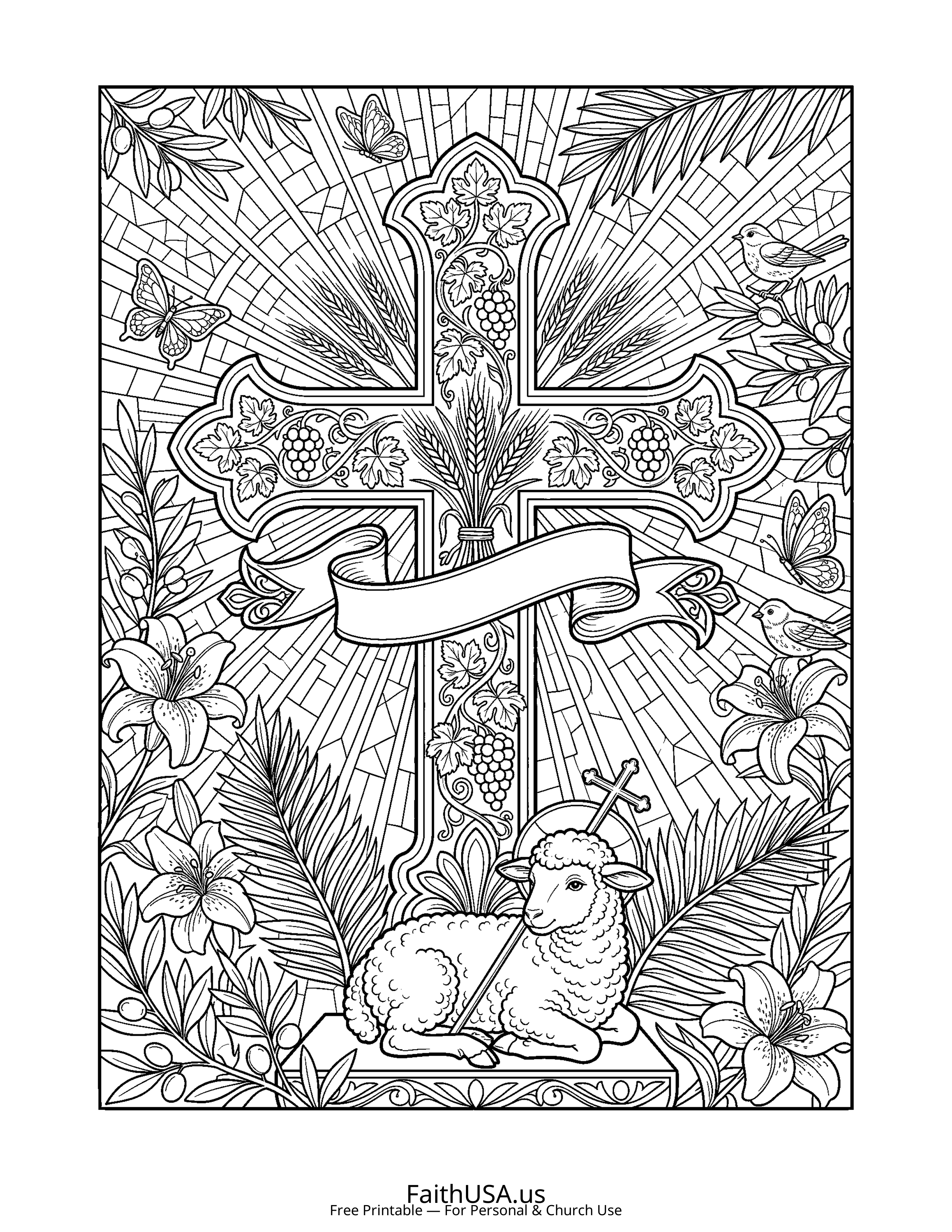 Cross coloring page featuring Cross with Lamb of God in detailed black-and-white line art