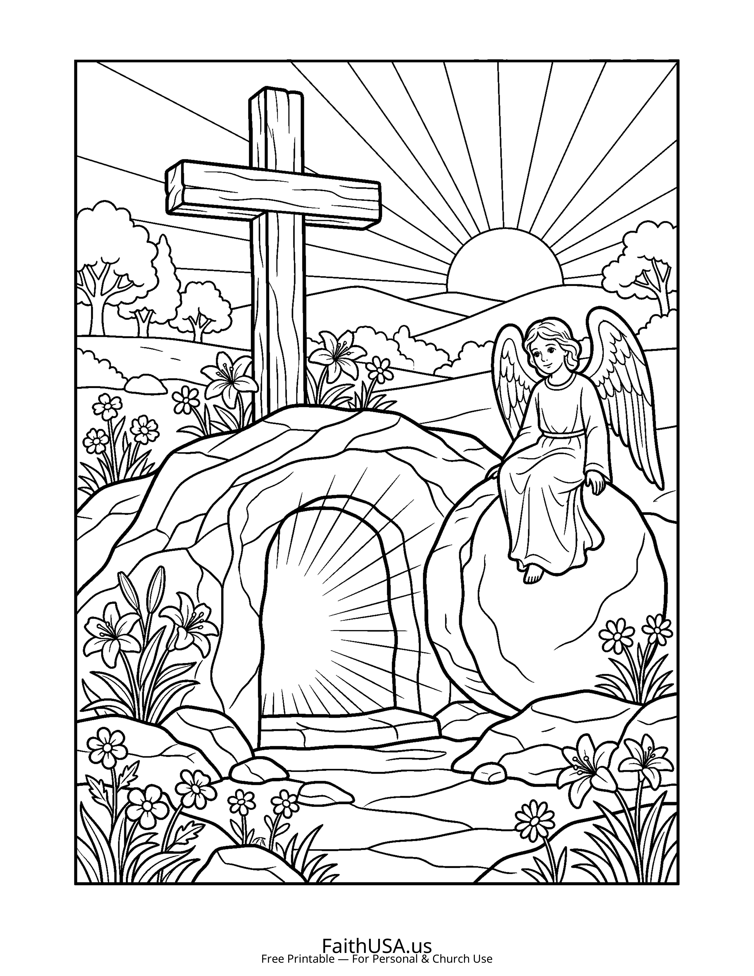 Cross coloring page featuring Cross with Empty Tomb in simple black-and-white line art
