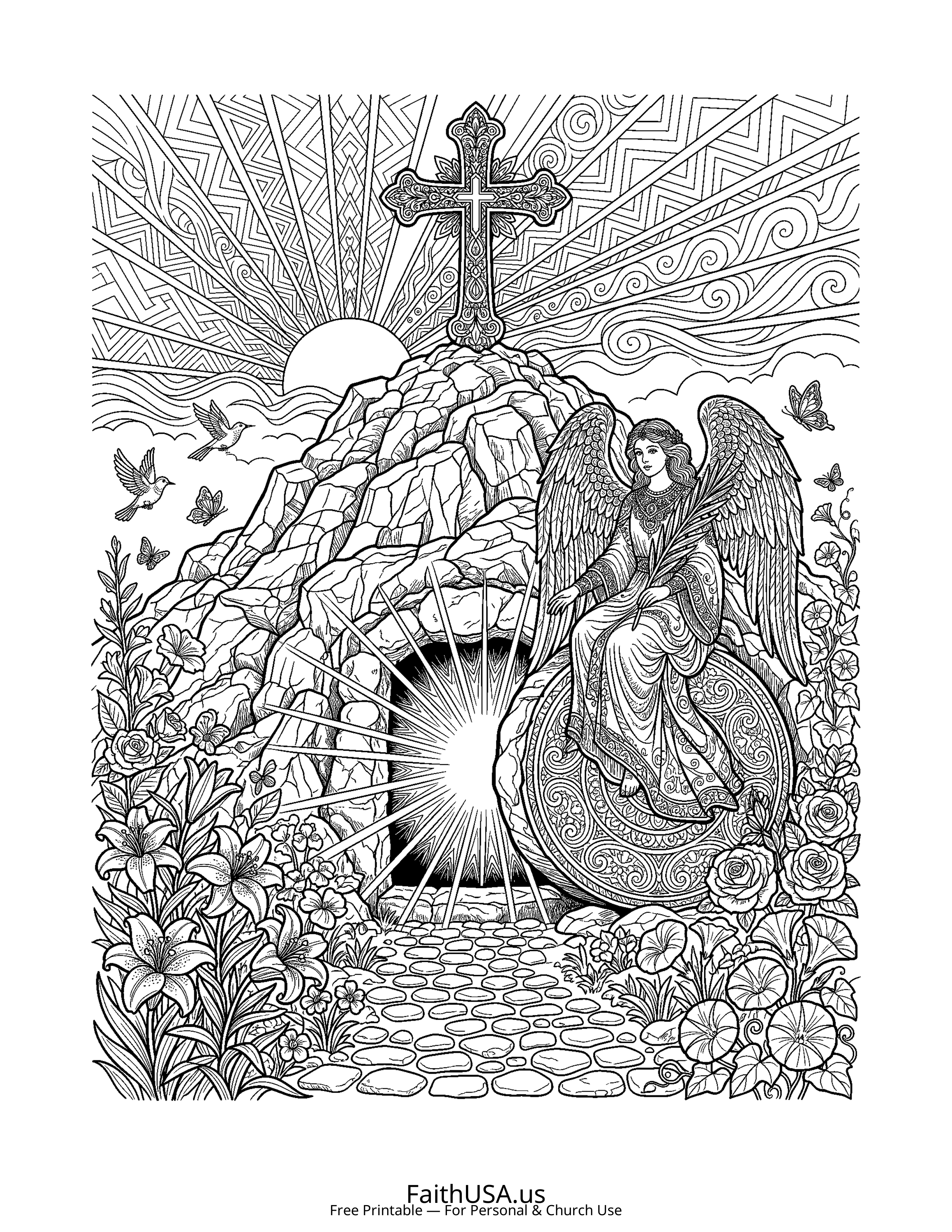 Cross coloring page featuring Cross with Empty Tomb in detailed black-and-white line art