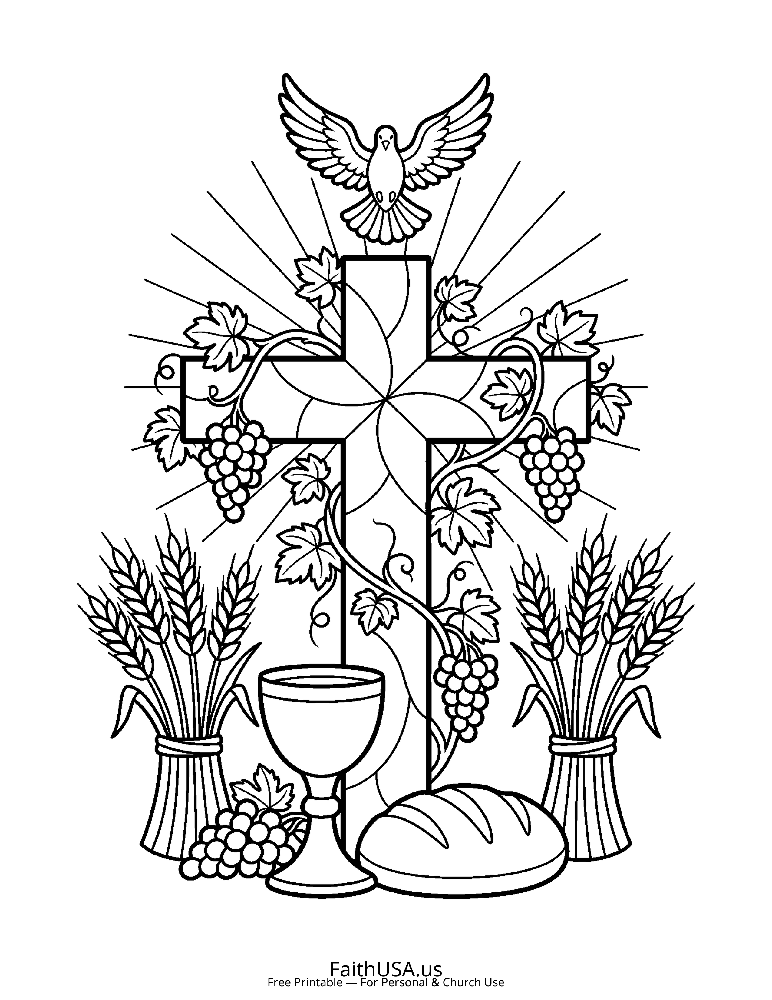 Cross coloring page featuring Cross with Communion Elements in simple black-and-white line art