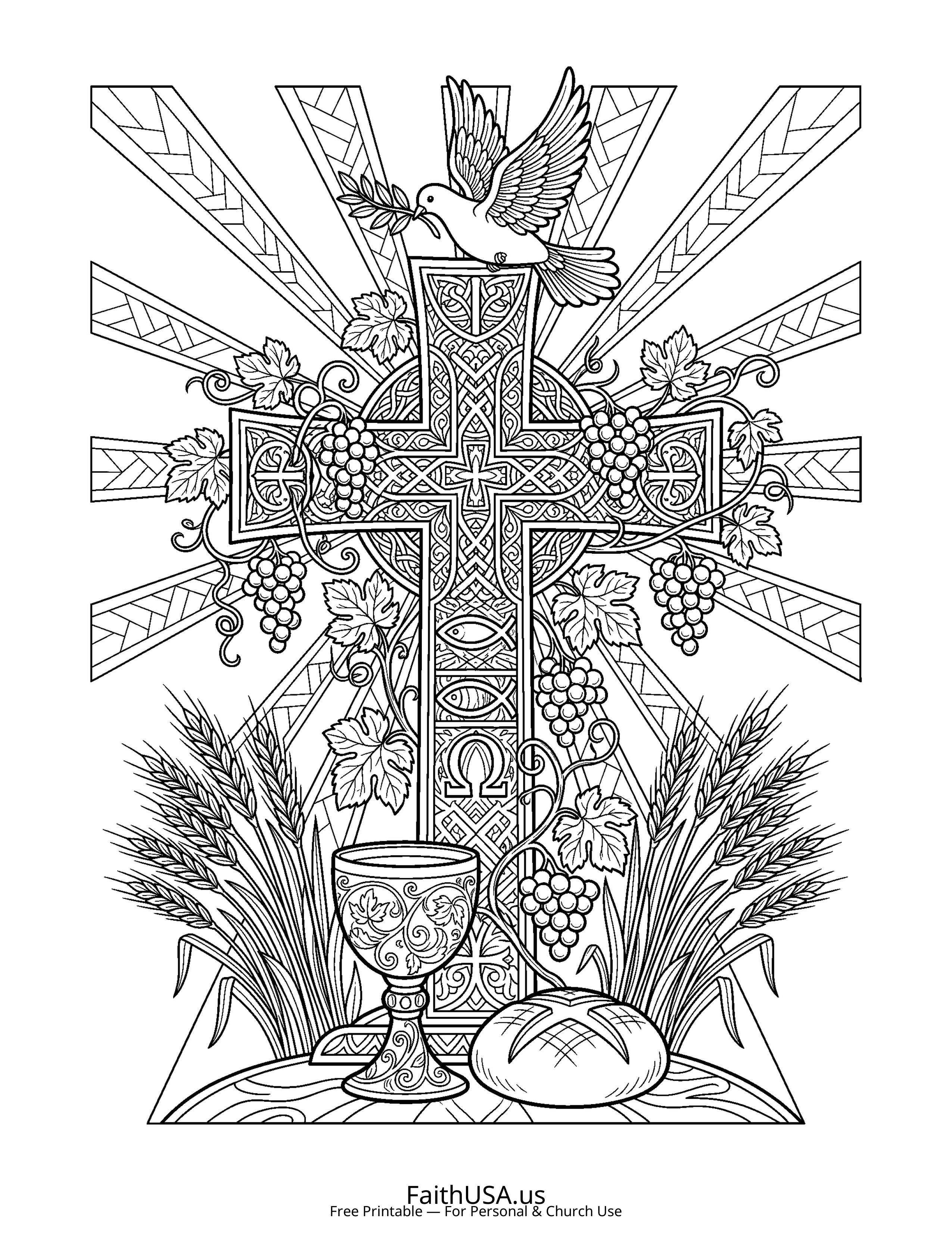 Cross coloring page featuring Cross with Communion Elements in detailed black-and-white line art