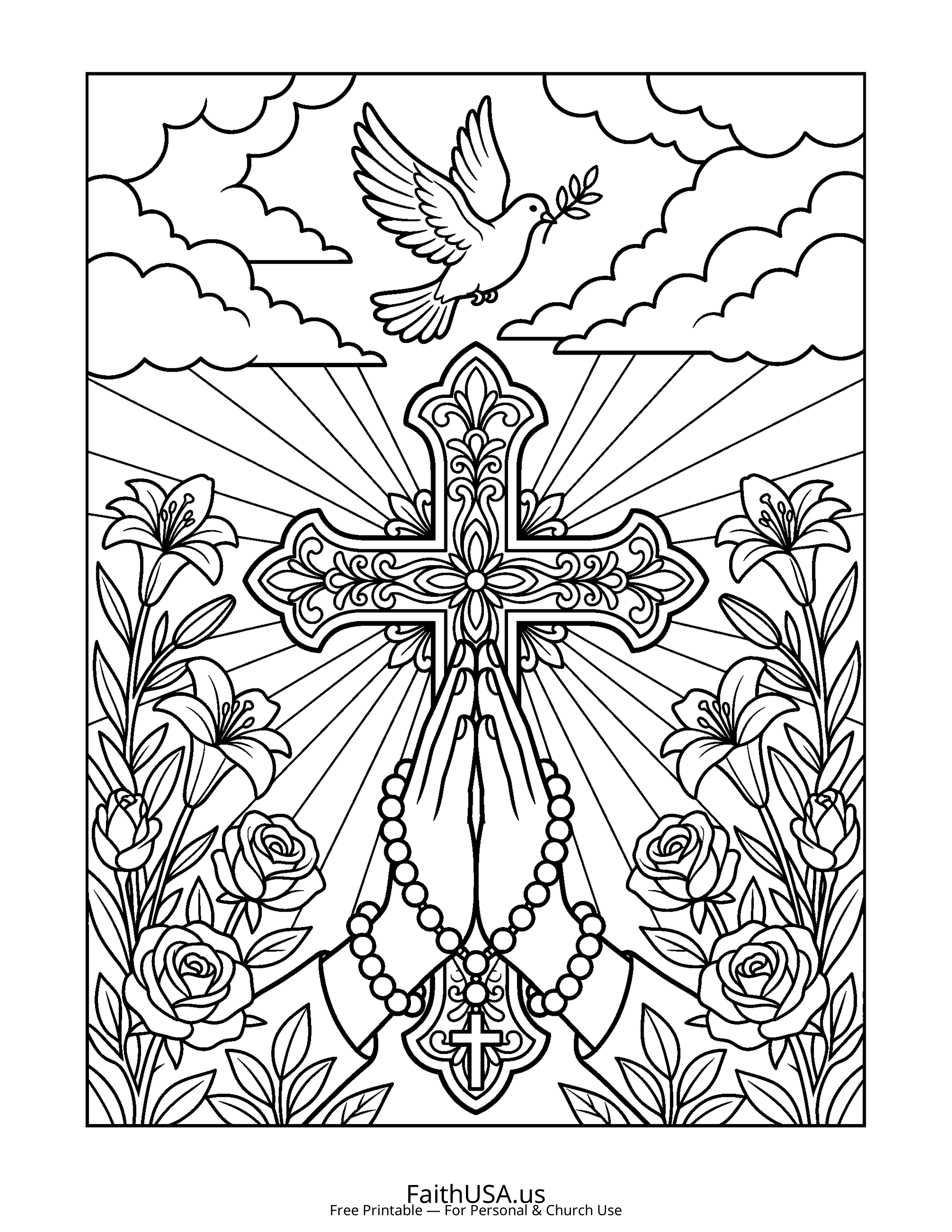 Cross coloring page featuring Cross with Praying Hands in simple black-and-white line art