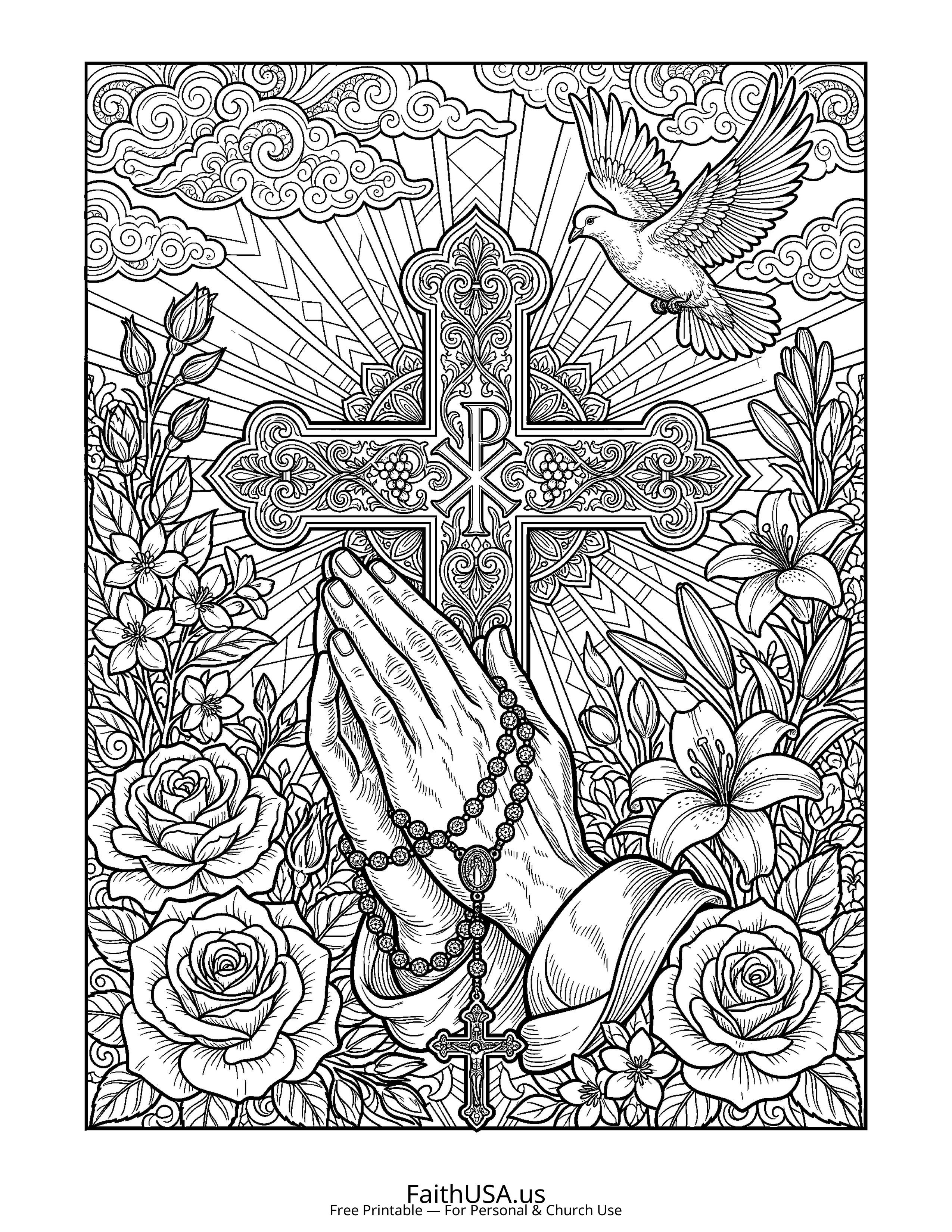 Cross coloring page featuring Cross with Praying Hands in detailed black-and-white line art