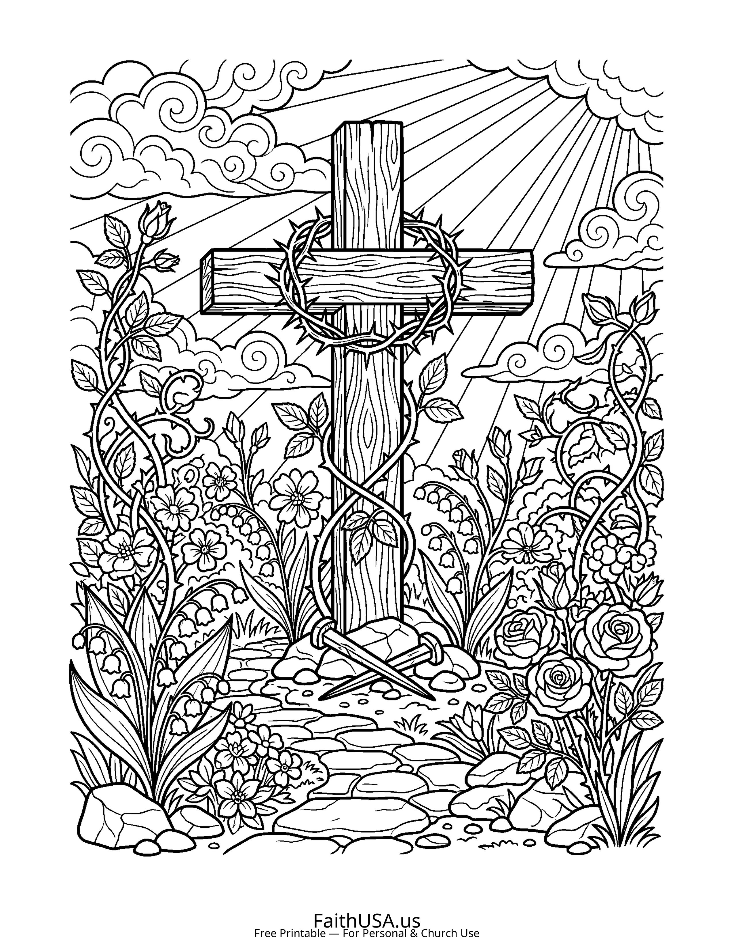 Cross coloring page featuring Cross with Crown of Thorns in simple black-and-white line art