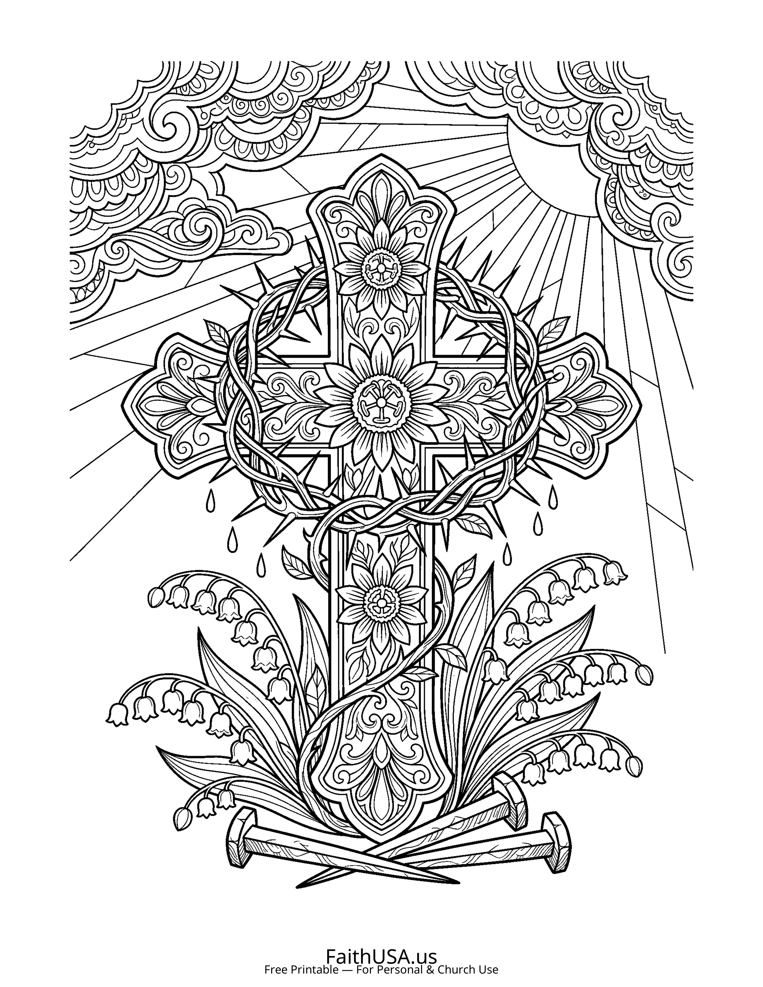 Cross coloring page featuring Cross with Crown of Thorns in detailed black-and-white line art