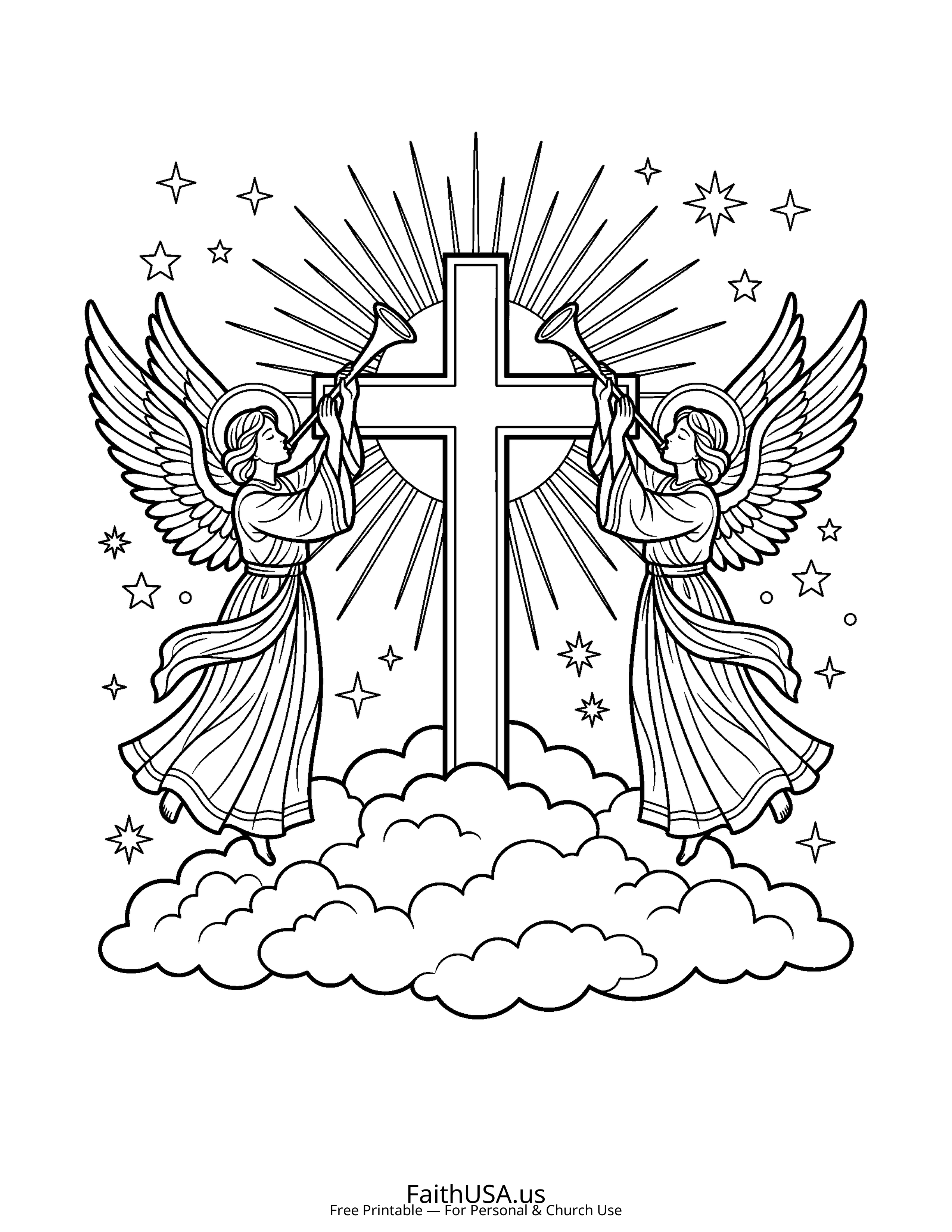 Cross coloring page featuring Cross with Angels in simple black-and-white line art